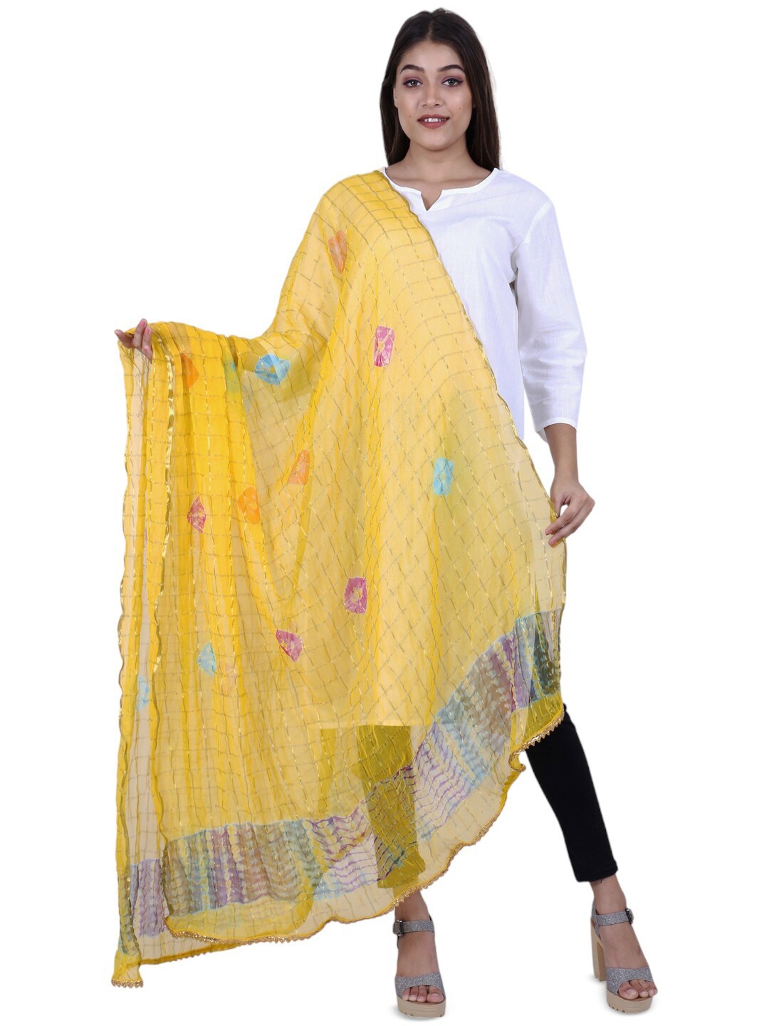 

Alakh Creation Checked Zari Detailed Bandhani Chiffon Dupatta, Yellow