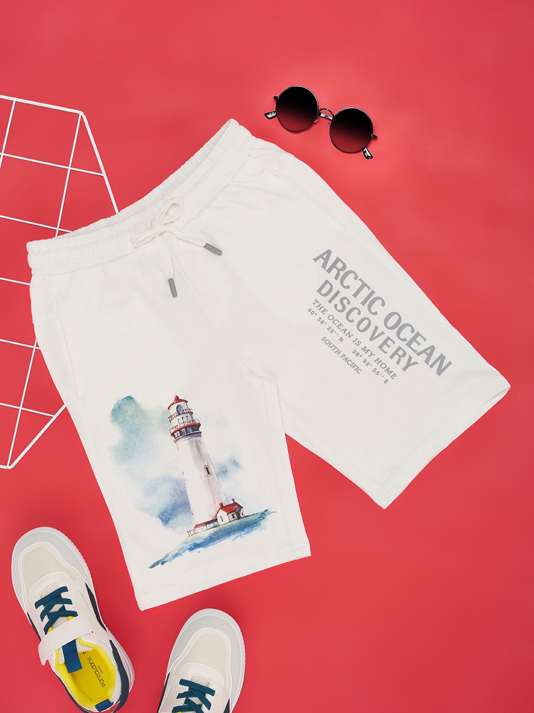 Pantaloons Junior Boys Printed Cotton Shorts, Off white