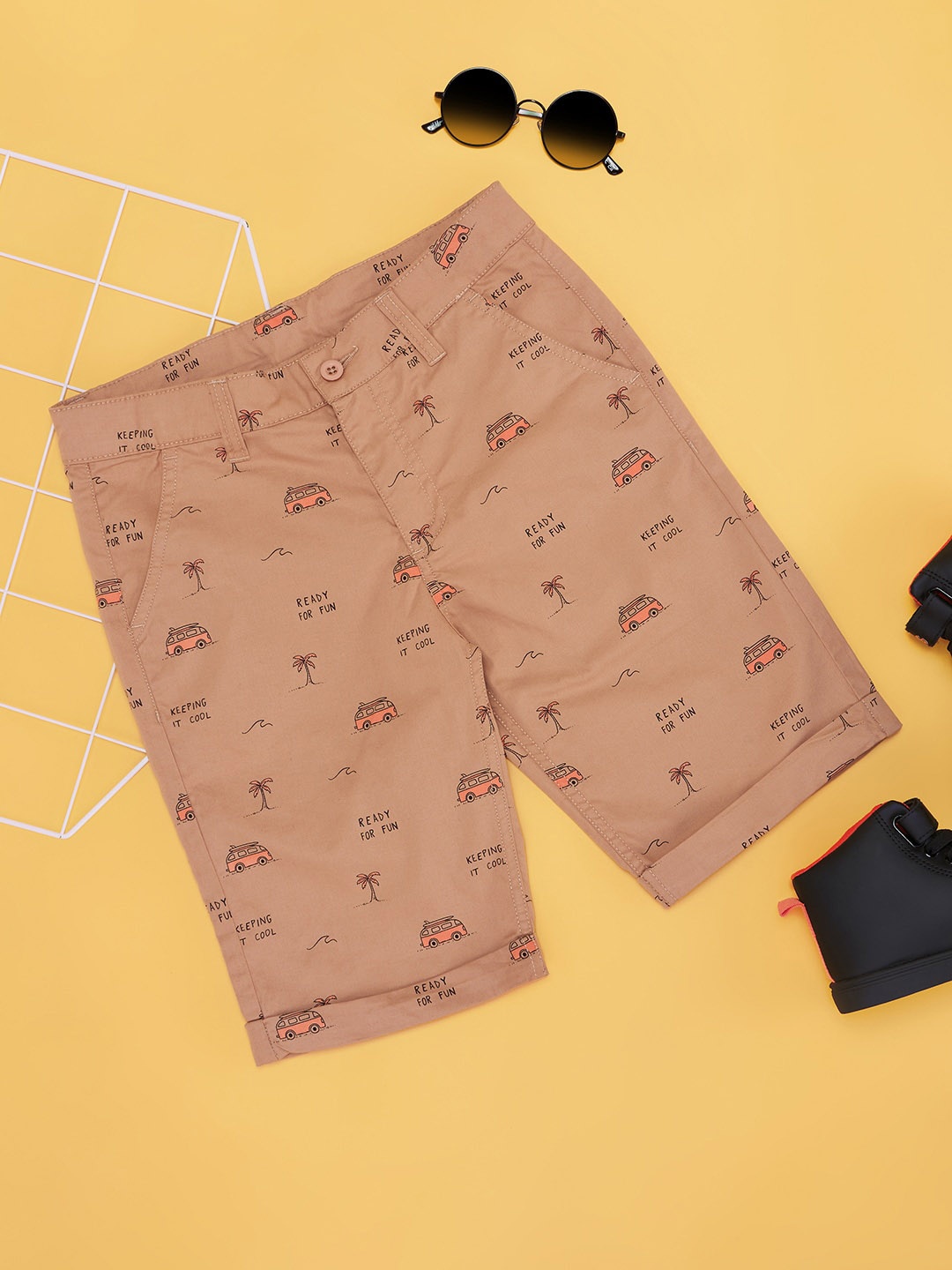 

Pantaloons Junior Boys Conversational Printed Cotton Shorts, Rust