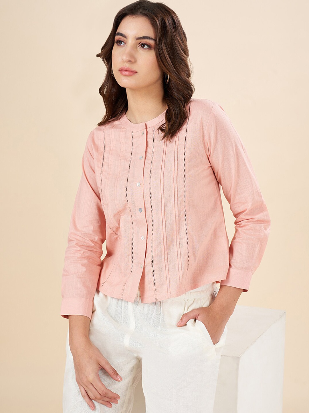 

AKKRITI BY PANTALOONS Striped Mandarin Collar Cotton Shirt Style Top, Pink