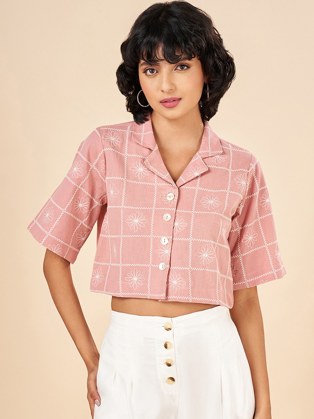 

AKKRITI BY PANTALOONS Checked Cotton Shirt Style Crop Top, Peach