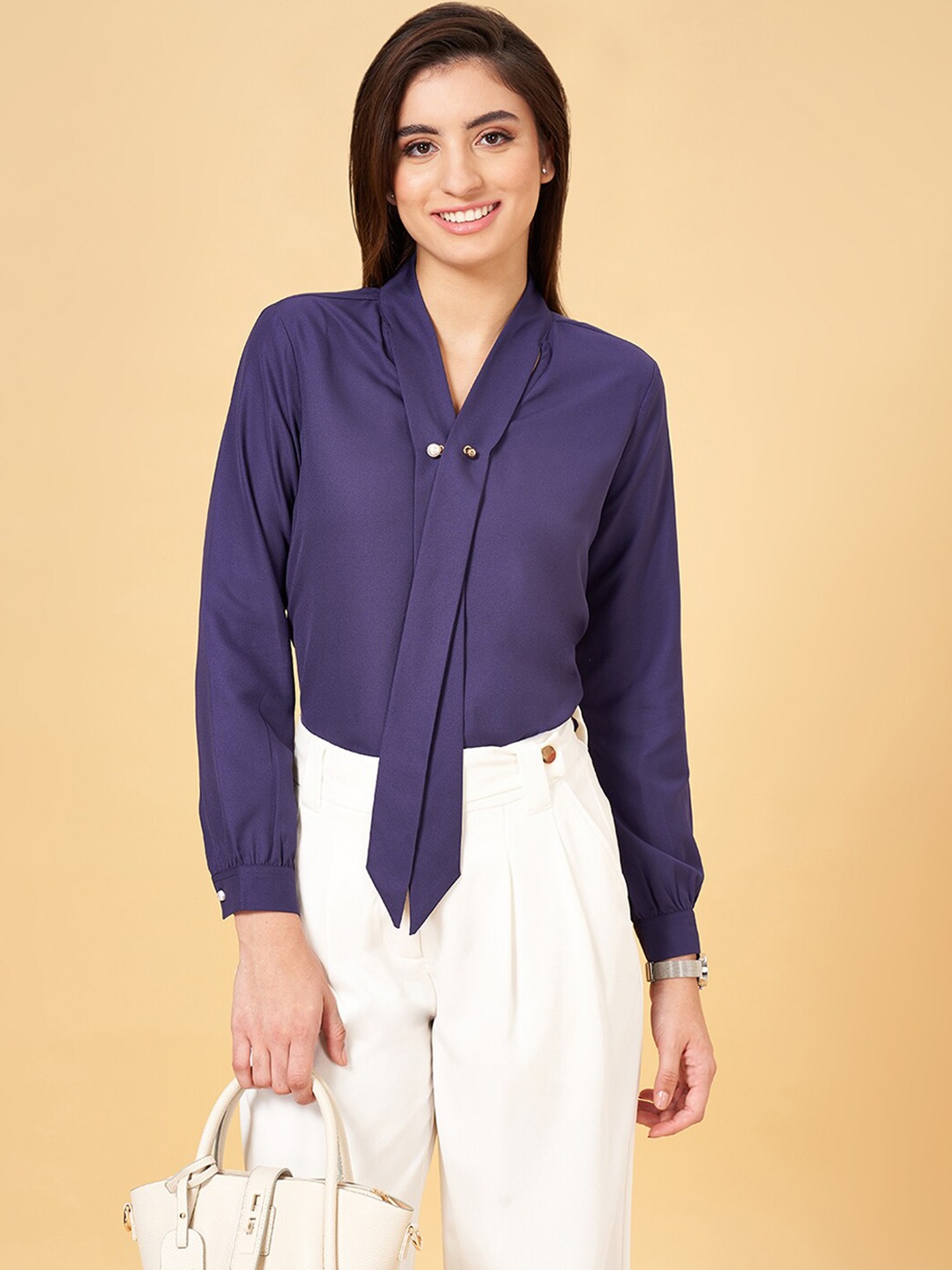 

Annabelle by Pantaloons Mandarin Collar Cuffed Sleeves Shirt Style Top, Purple