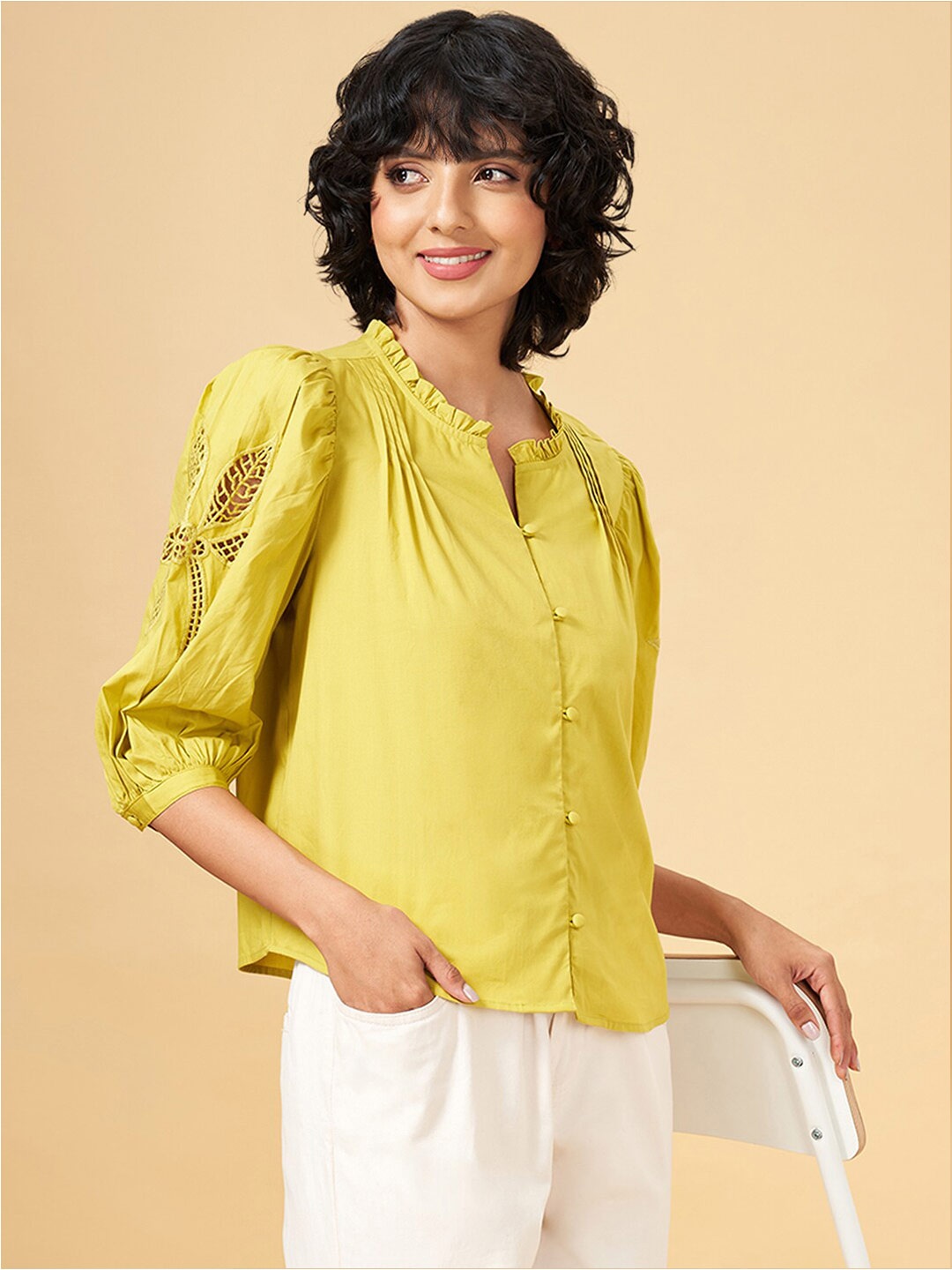 

Honey by Pantaloons Mandarin Collar Cuffed Sleeve Cut Out Cotton Shirt Style Top, Mustard