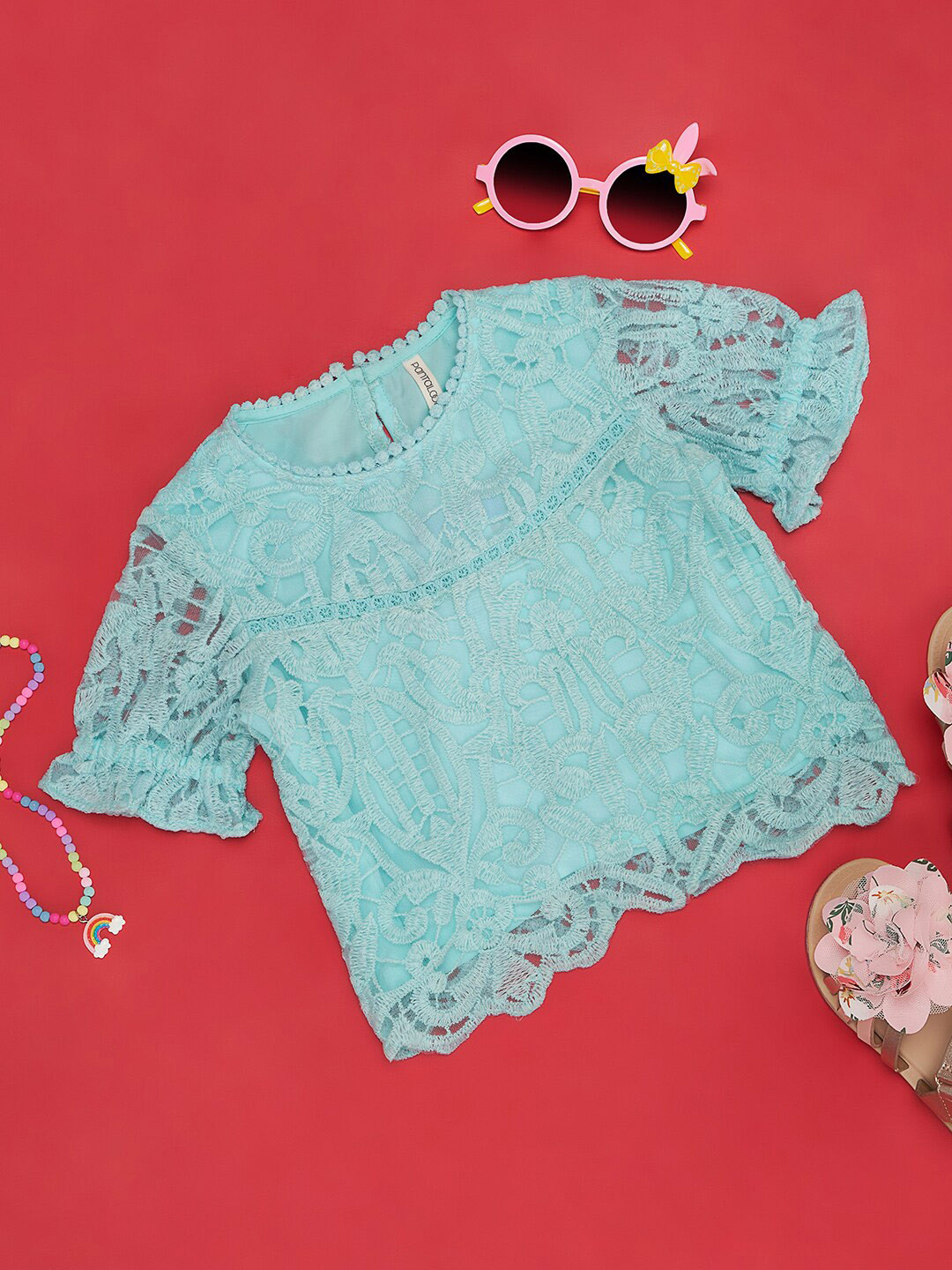 

Pantaloons Junior Girls Self Design Bell Sleeves Lace Top, Turquoise blue