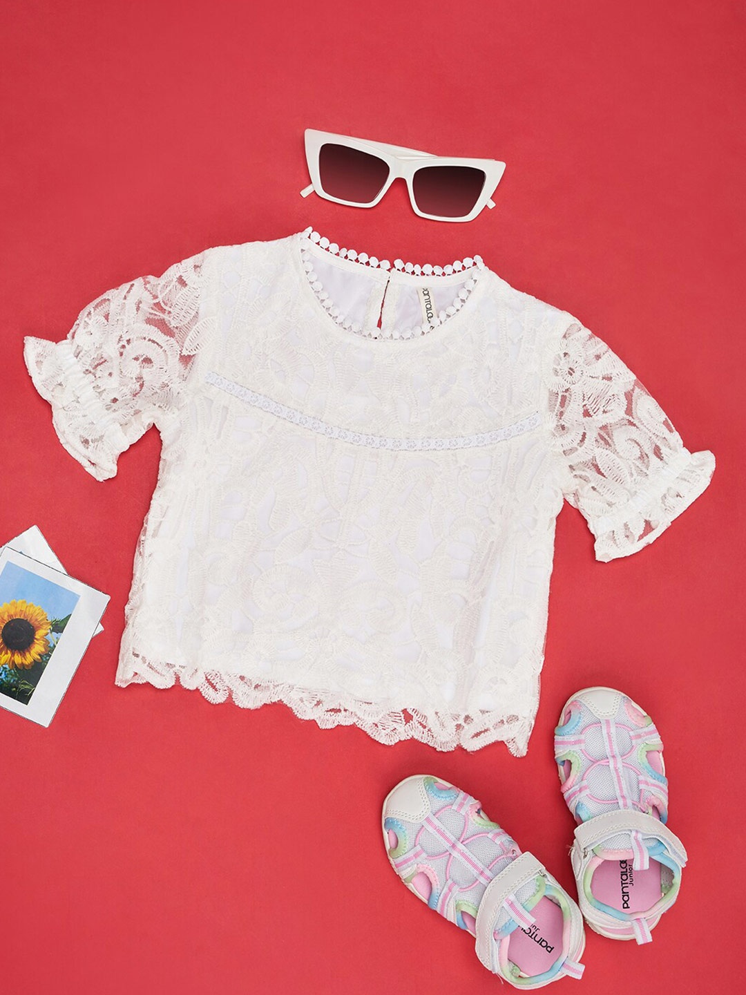 

Pantaloons Junior Girls Self Design Bell Sleeves Lace Top, White