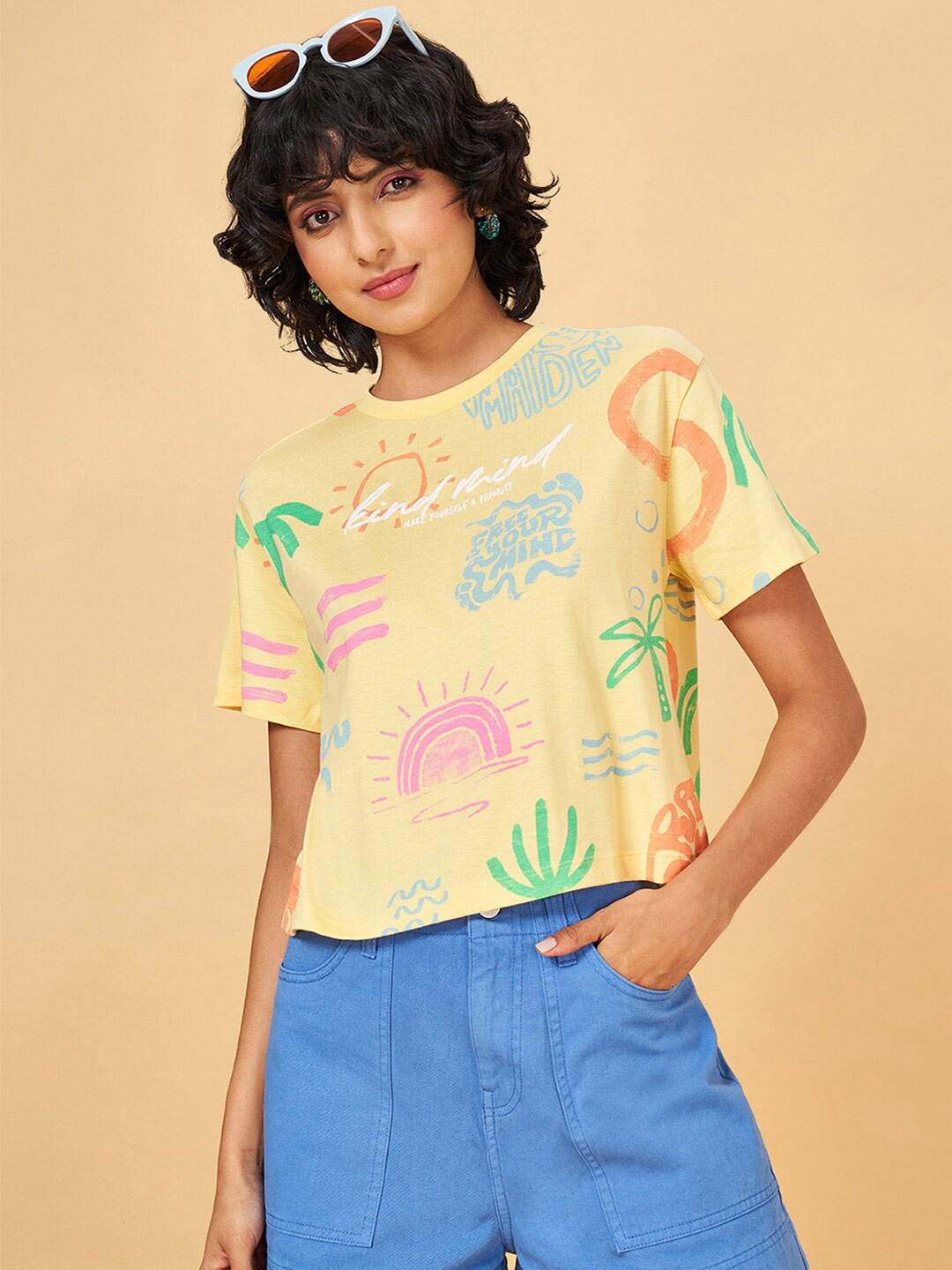 

People Yellow Printed Round Neck Short Sleeves Cotton Regular Top
