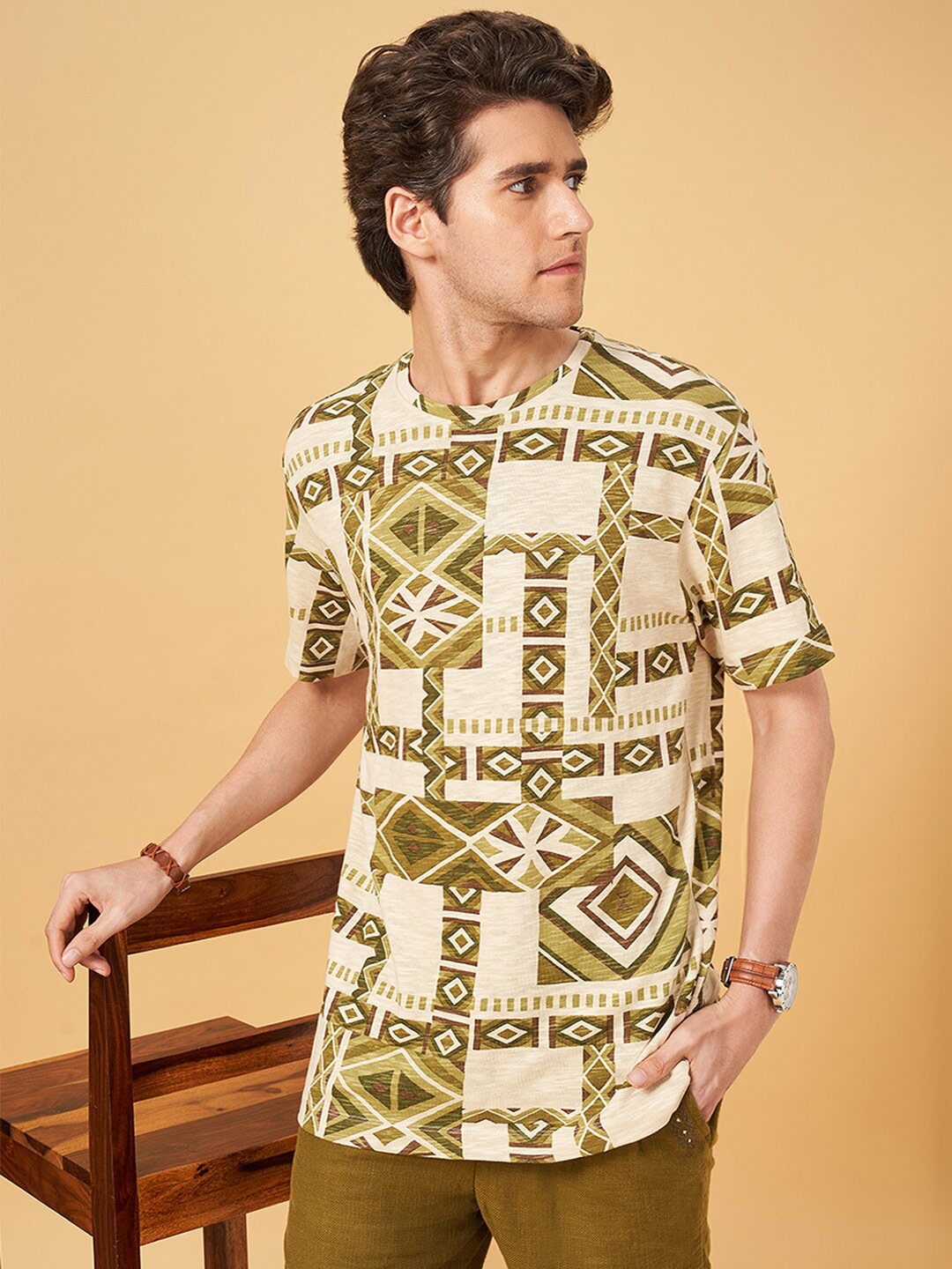 

7 Alt by Pantaloons Geometric Printed Relaxed Fit Cotton T-shirt, Olive