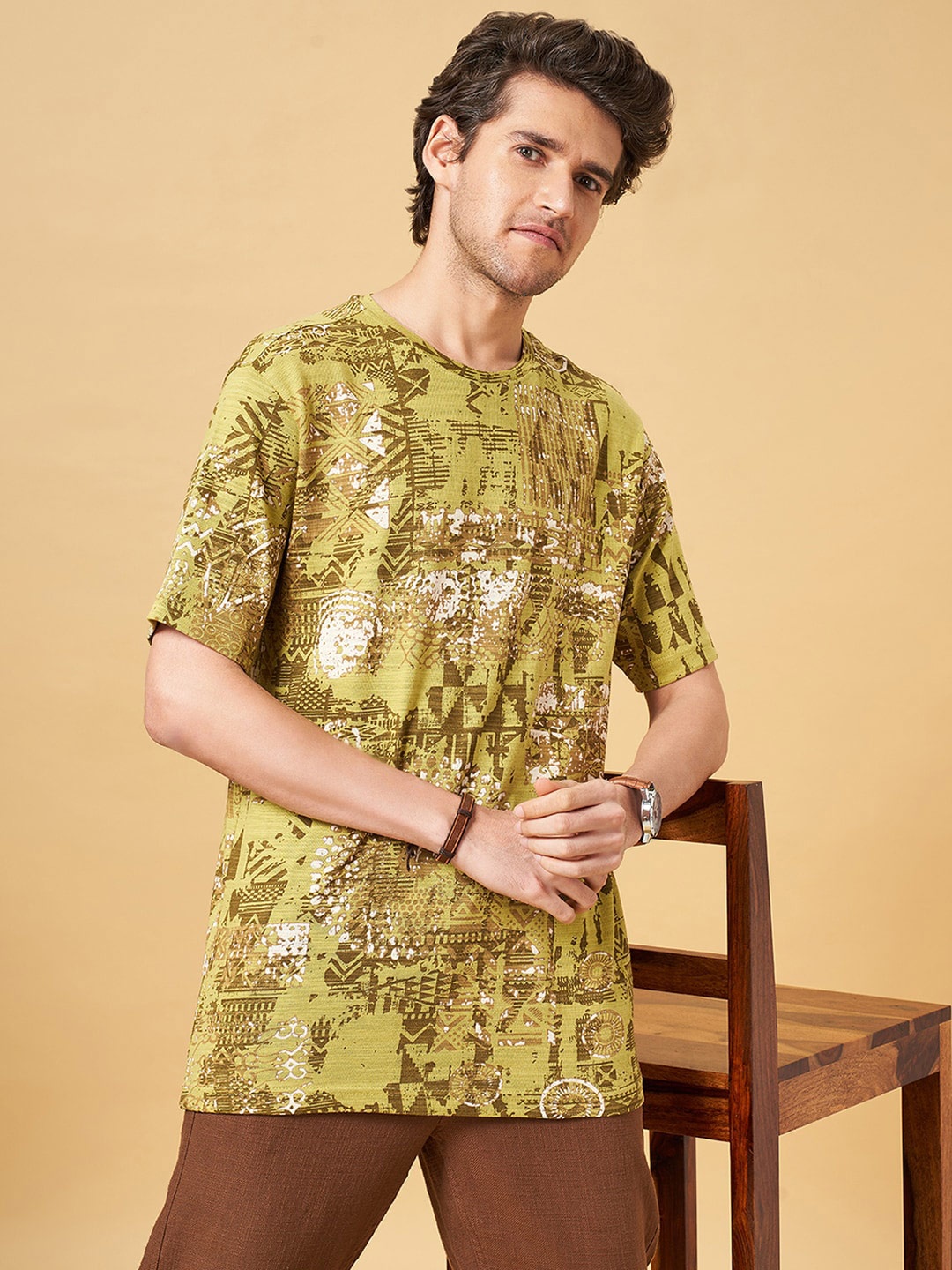 

7 Alt by Pantaloons Relaxed Fit Abstract Printed Pure Cotton T-shirt, Green