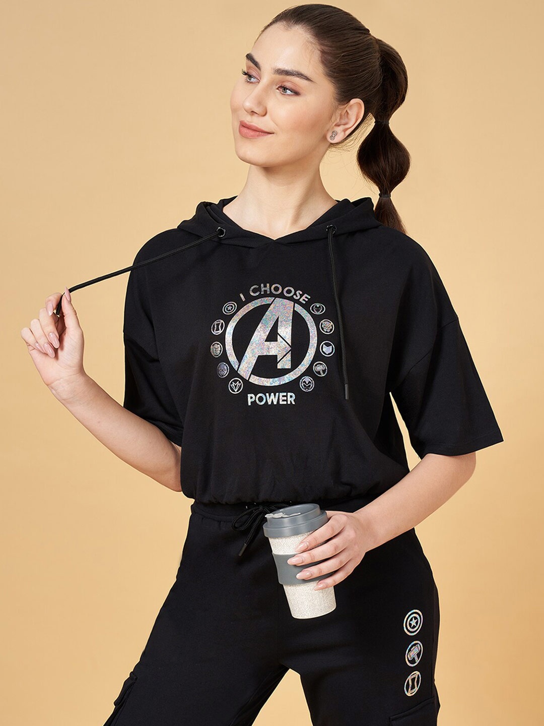 Ajile by Pantaloons Typography Printed Hooded Pure Cotton T-shirt, Black