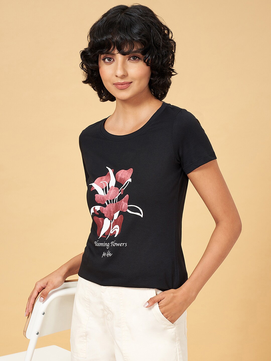 

Honey by Pantaloons Floral Printed Short Sleeves Round Neck Cotton T-shirt, Black