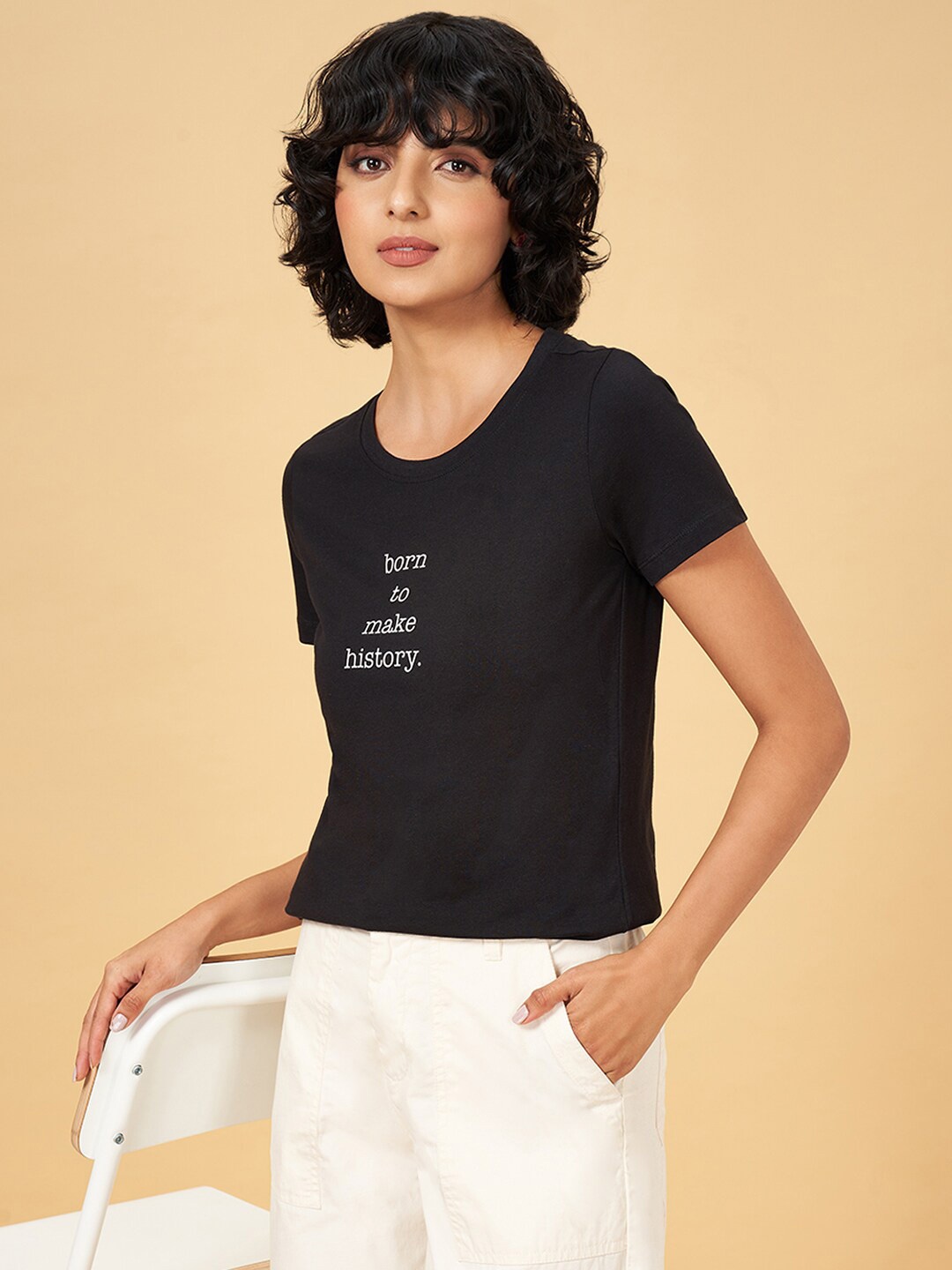 

Honey by Pantaloons Typography Printed Pure Cotton T-shirt, Black