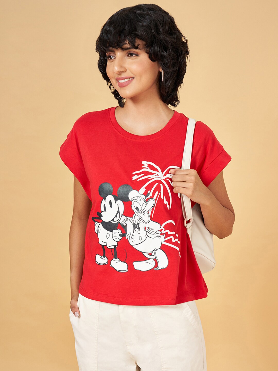 

Honey by Pantaloons Mickey Mouse Printed Cotton T-shirt, Red