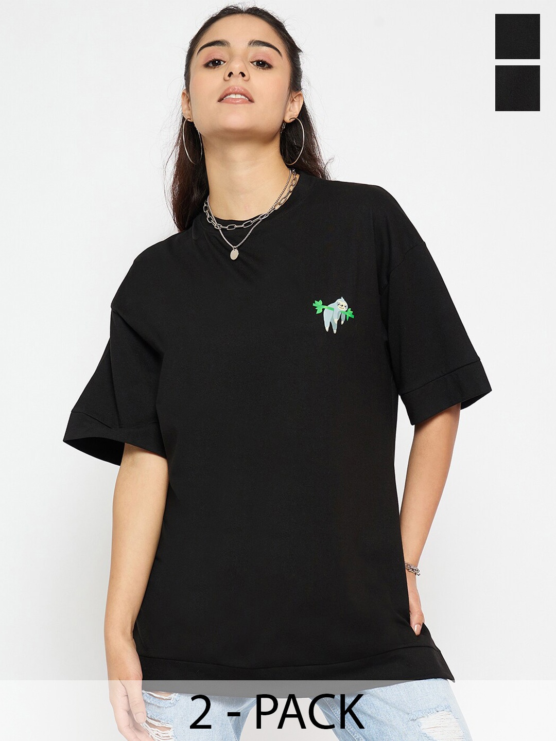 

Skidlers Pack of 2 Cotton Round Neck Oversized T-shirt, Black