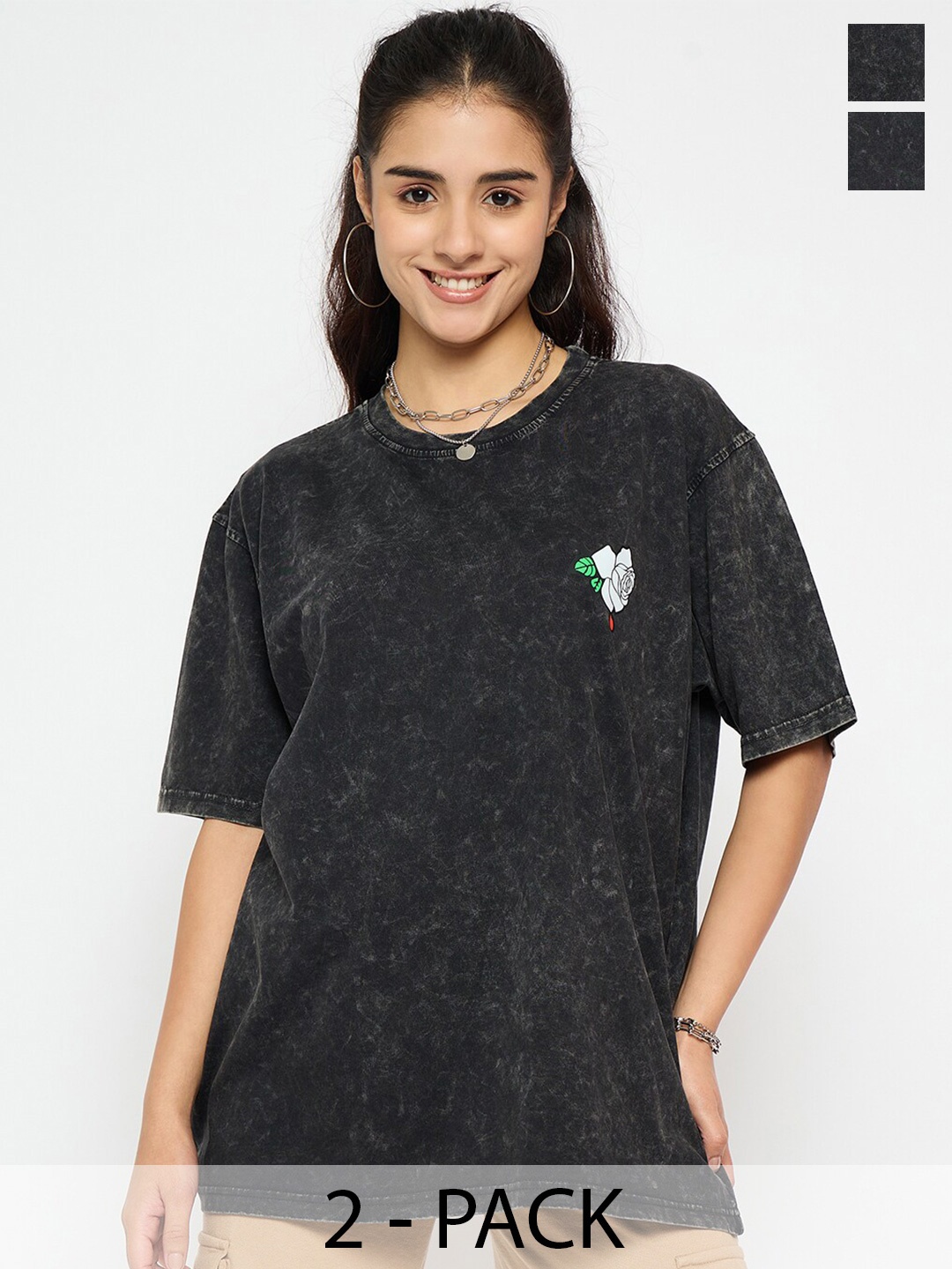 

Skidlers Pack of 2 Cotton Round Neck Oversized T-shirt, Black