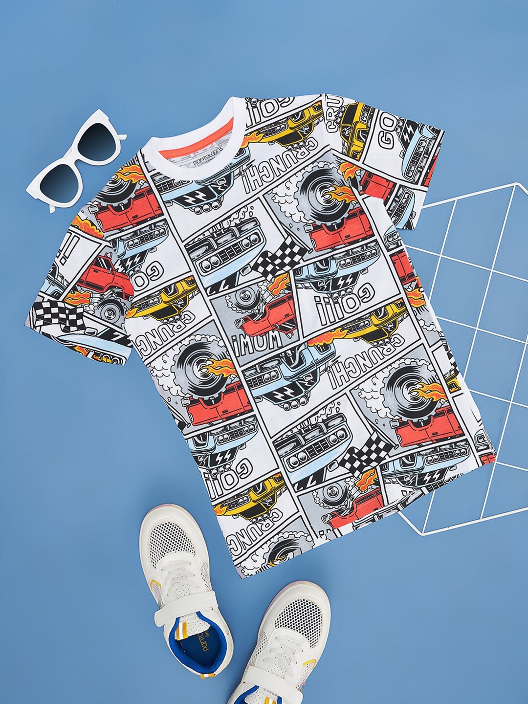 

Pantaloons Junior Boys Printed Round Neck Short Sleeves Regular Fit T-shirt, Steel