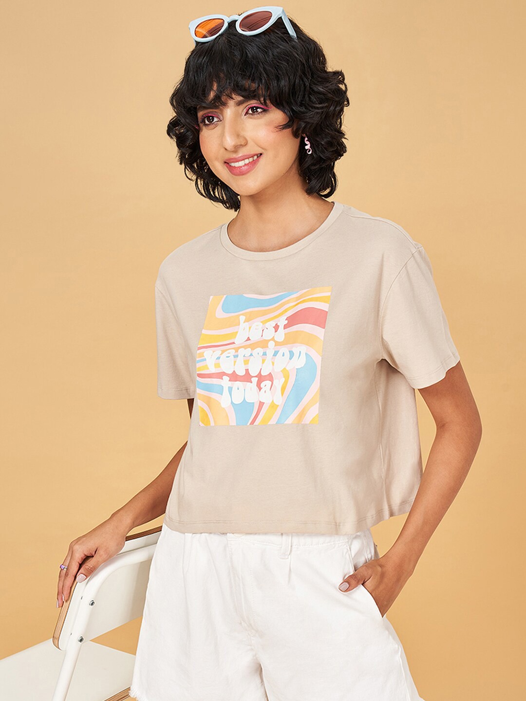 

People Khaki Typography Printed Pure Cotton T-shirt