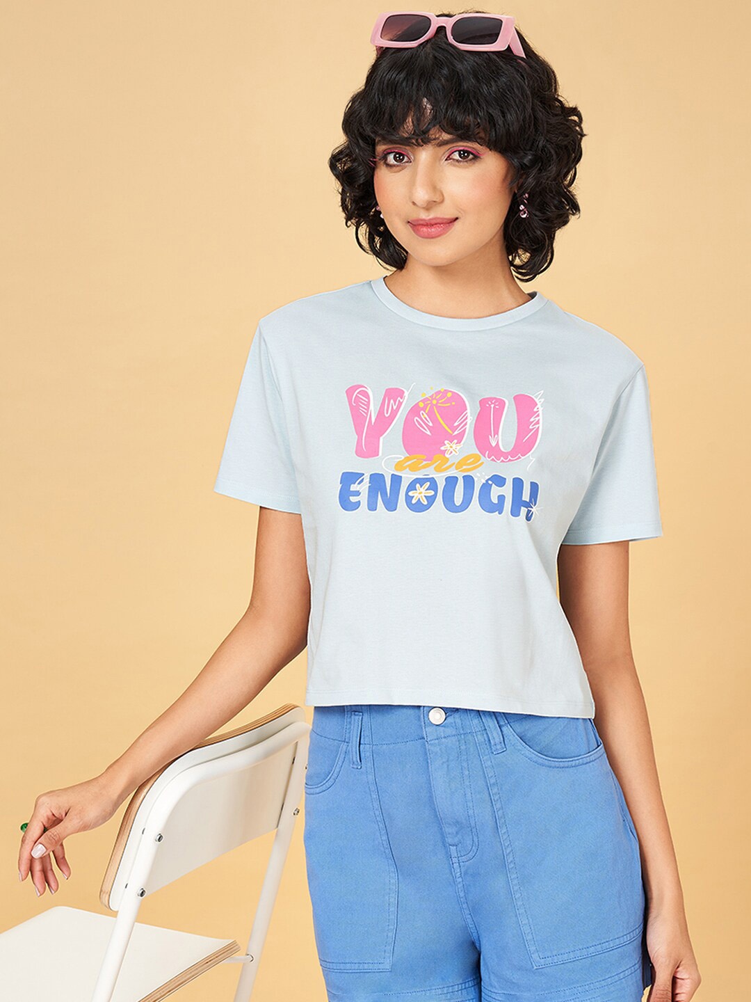 

People Blue Typography Printed Relaxed Fit Cotton Crop T-shirt