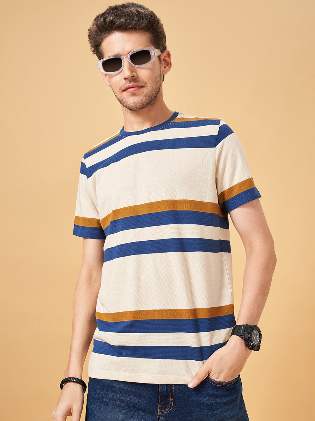 

SF JEANS by Pantaloons Striped Round Neck Cotton Slim Fit T-shirt, Yellow