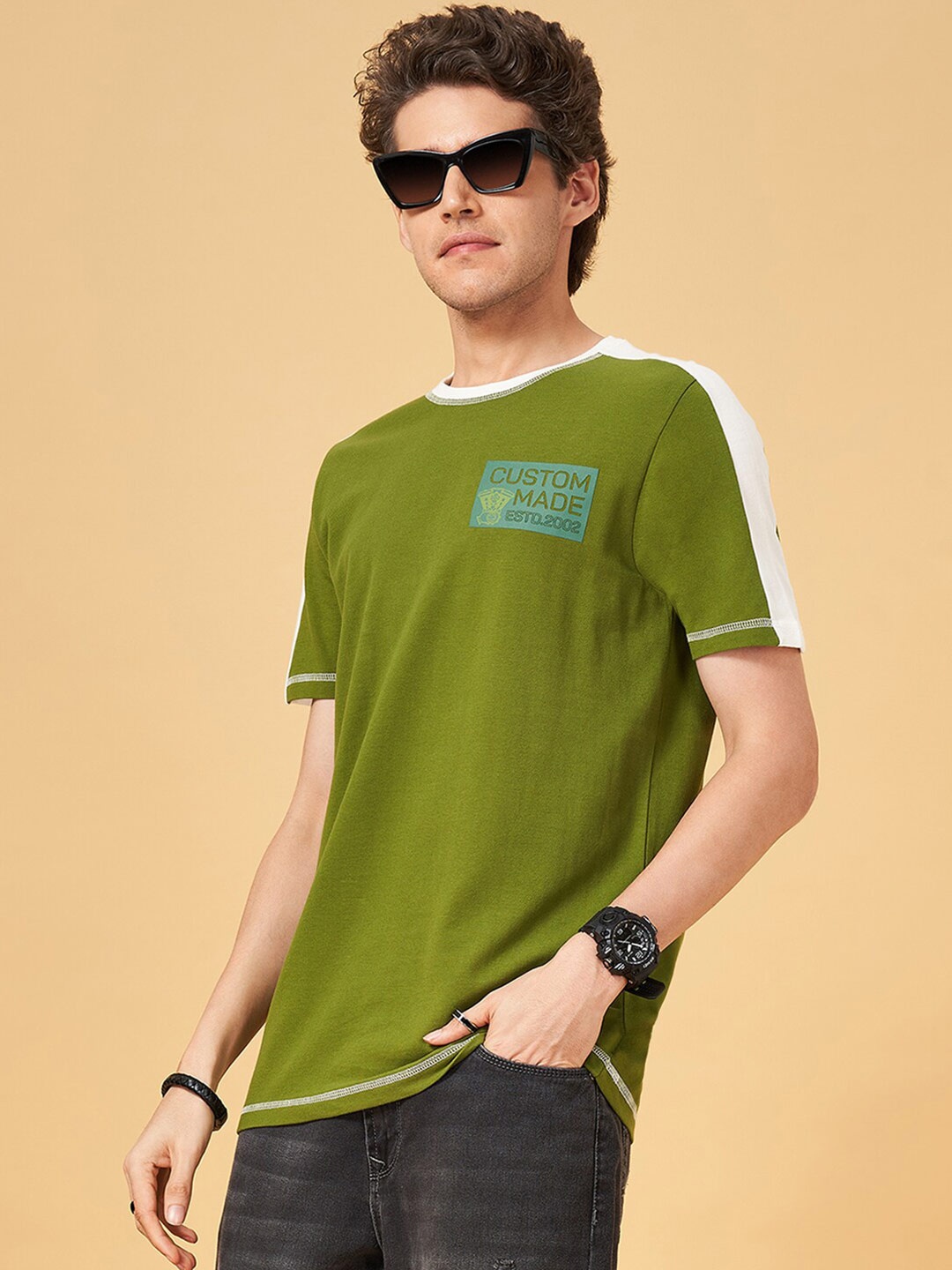 

SF JEANS by Pantaloons Typography Printed Slim Fit Cotton T-shirt, Green