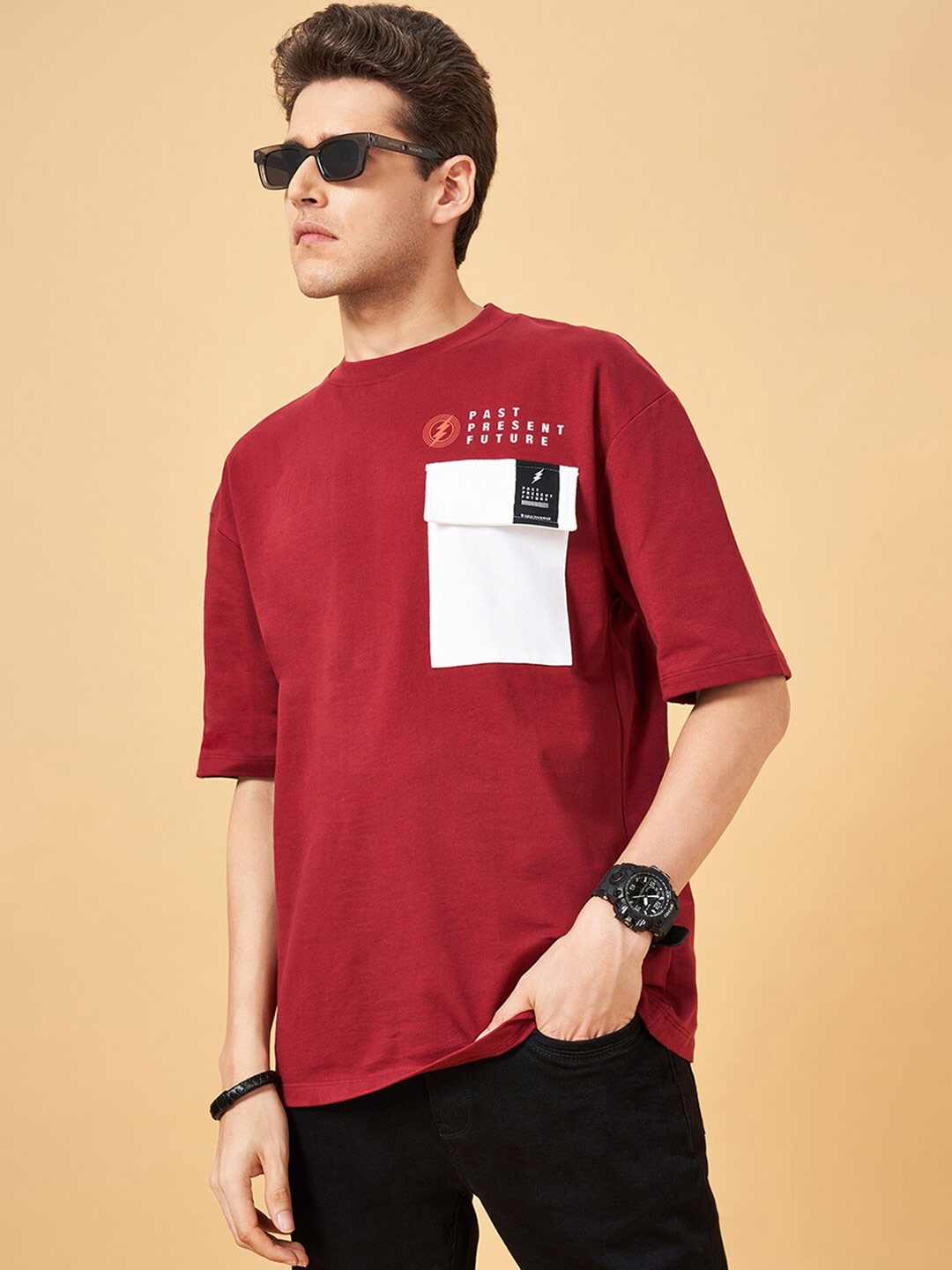 

SF JEANS by Pantaloons Drop Shoulder Sleeves Pocket Pure Cotton Oversized T-shirt, Maroon