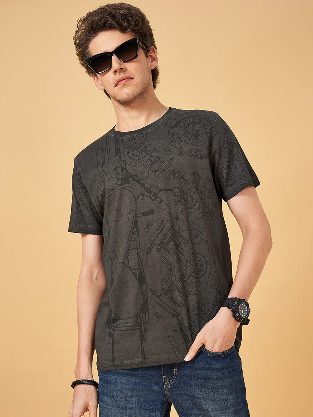 

SF JEANS by Pantaloons Conversational Printed Round Neck Cotton Slim Fit T-shirt, Black