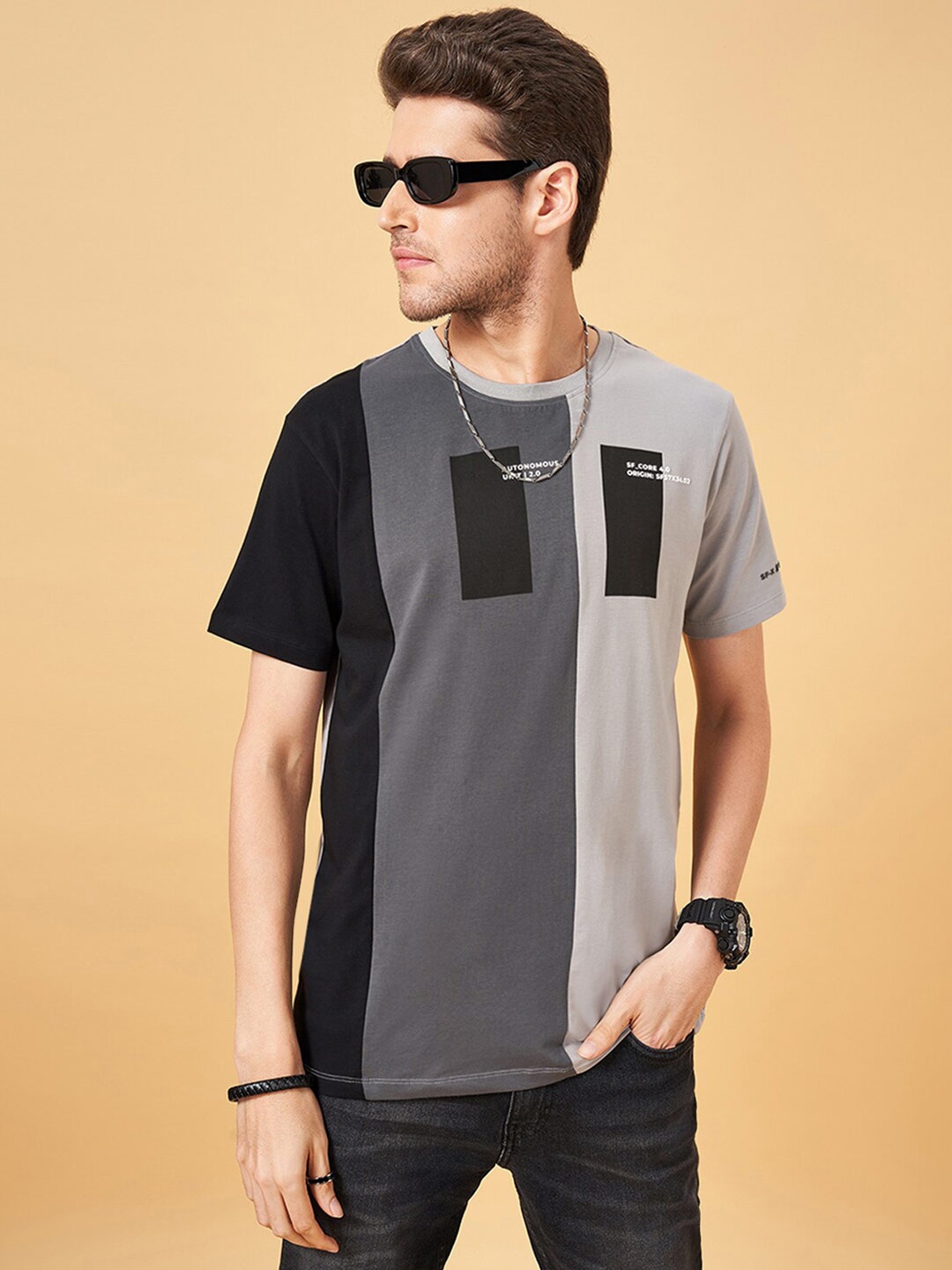 

SF JEANS by Pantaloons Men Colourblocked Round Neck Slim Fit T-shirt, Charcoal