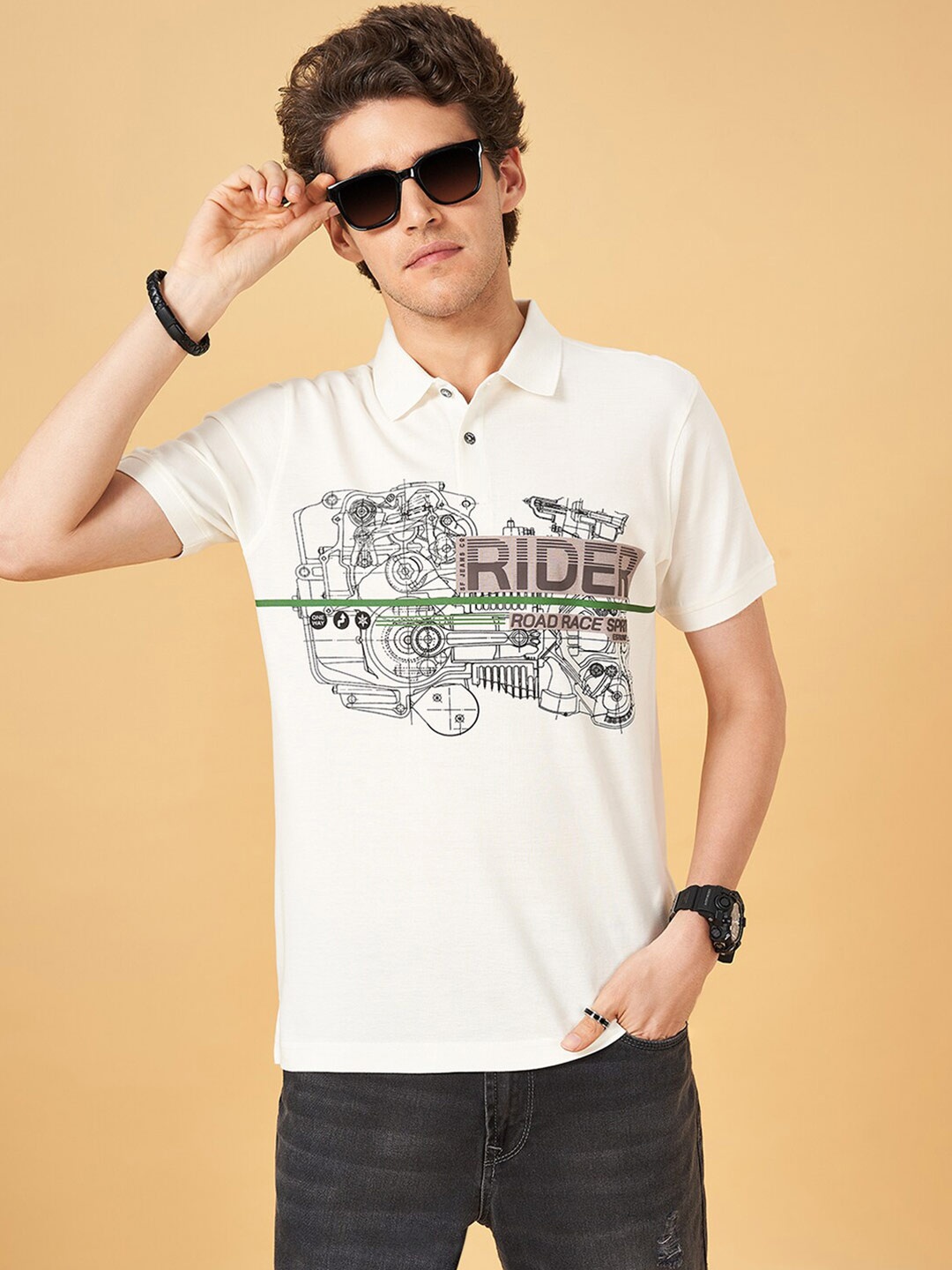 

SF JEANS by Pantaloons Graphic Printed Polo Collar Pure Cotton Slim Fit T-shirt, White
