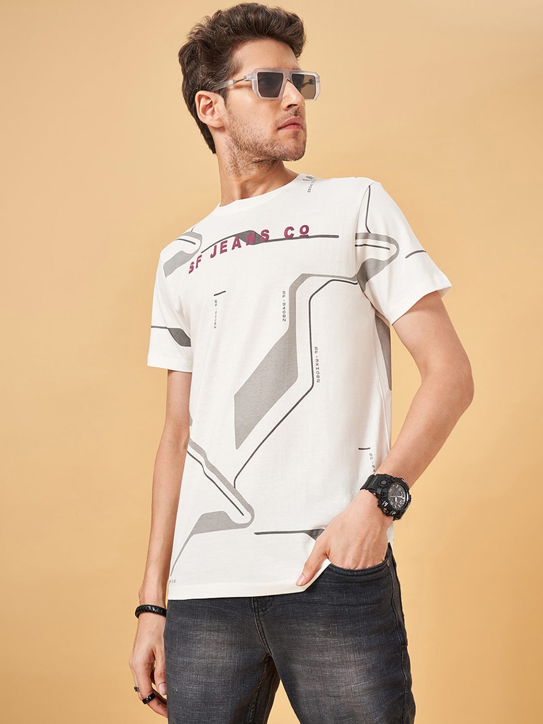 

SF JEANS by Pantaloons Typography Printed Cotton Slim Fit T-shirt, White