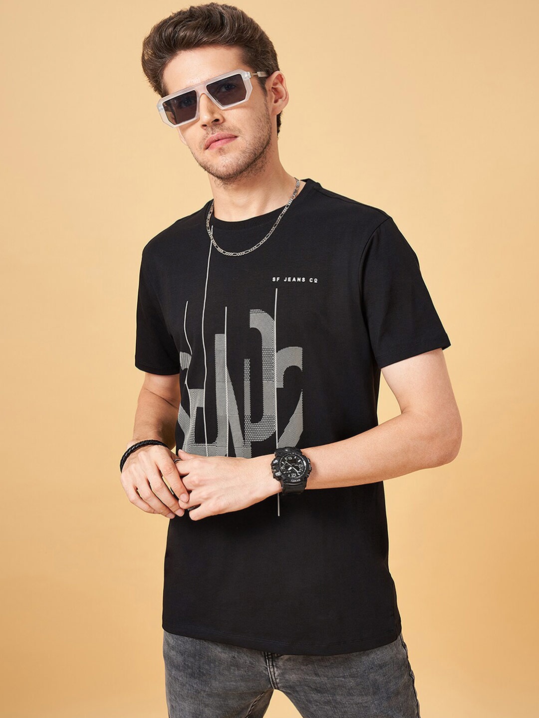 

SF JEANS by Pantaloons Typography Printed Slim Fit Cotton T-shirt, Black