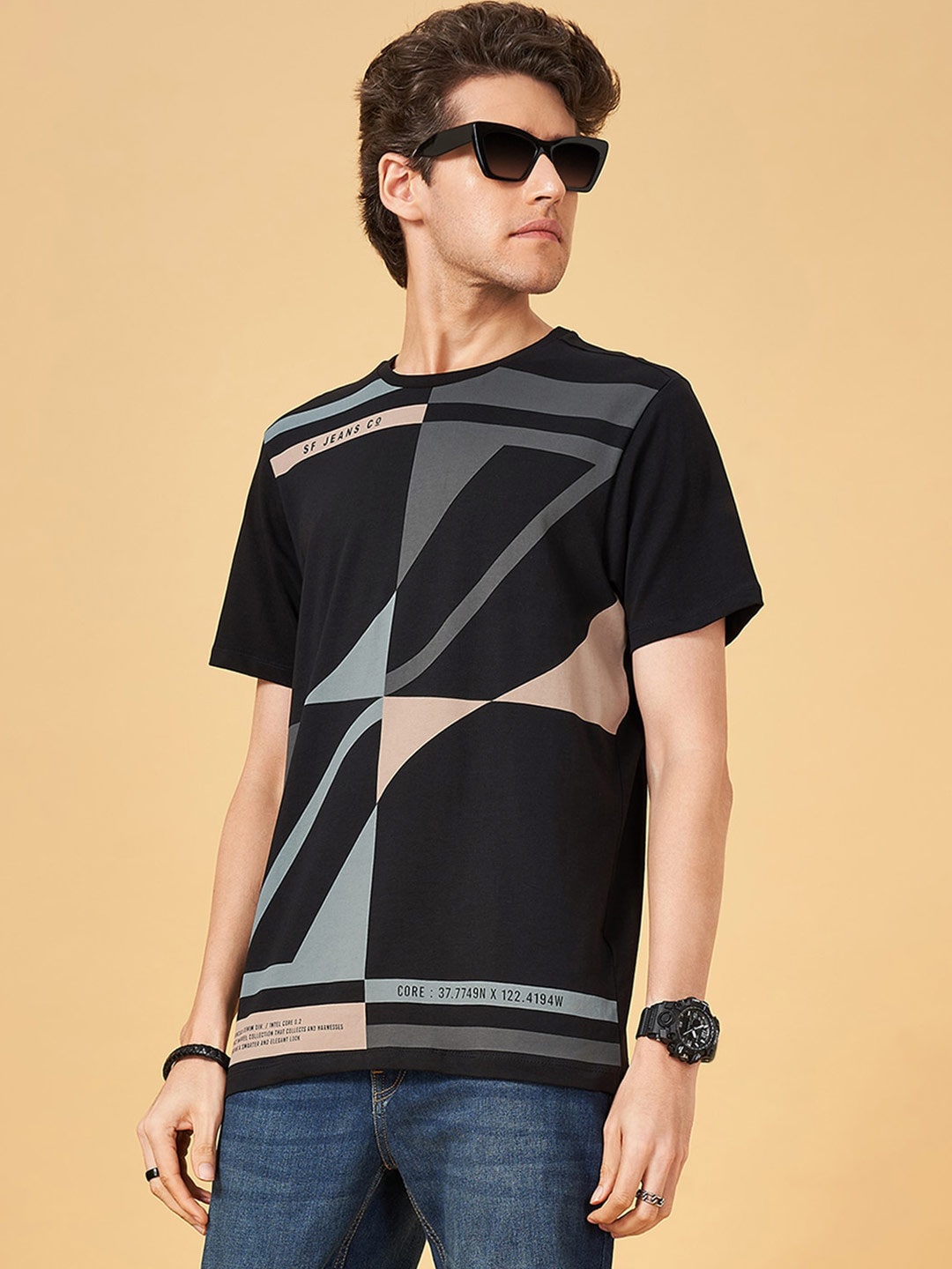 

SF JEANS by Pantaloons Printed Slim Fit T-shirt, Black