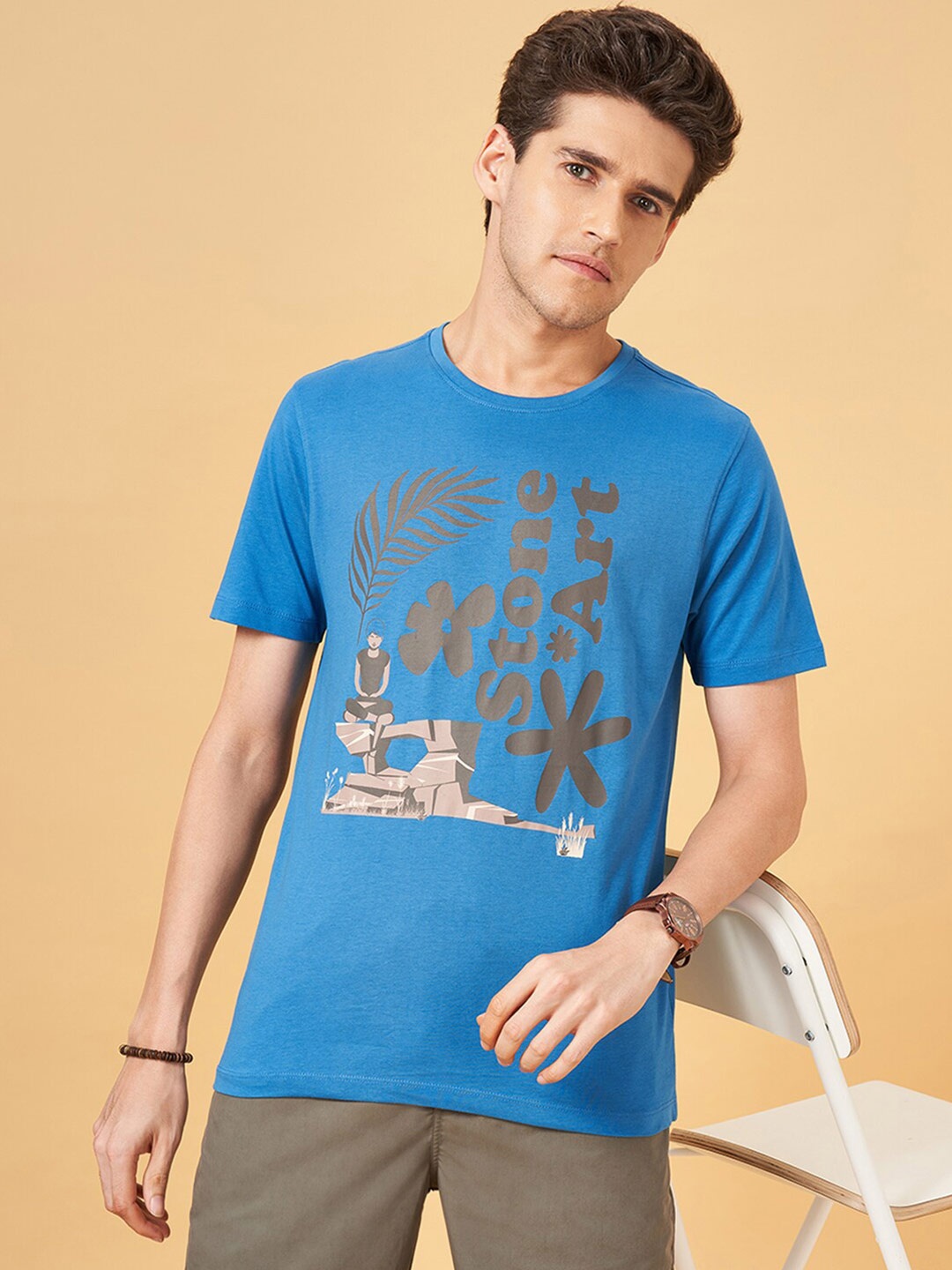 

Urban Ranger by pantaloons Men Typography Printed Applique Slim Fit T-shirt, Blue