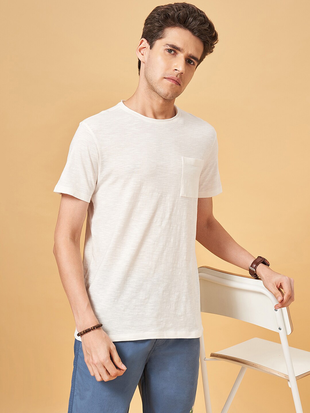 

Urban Ranger by pantaloons Men V-Neck Pockets Slim Fit T-shirt, Off white