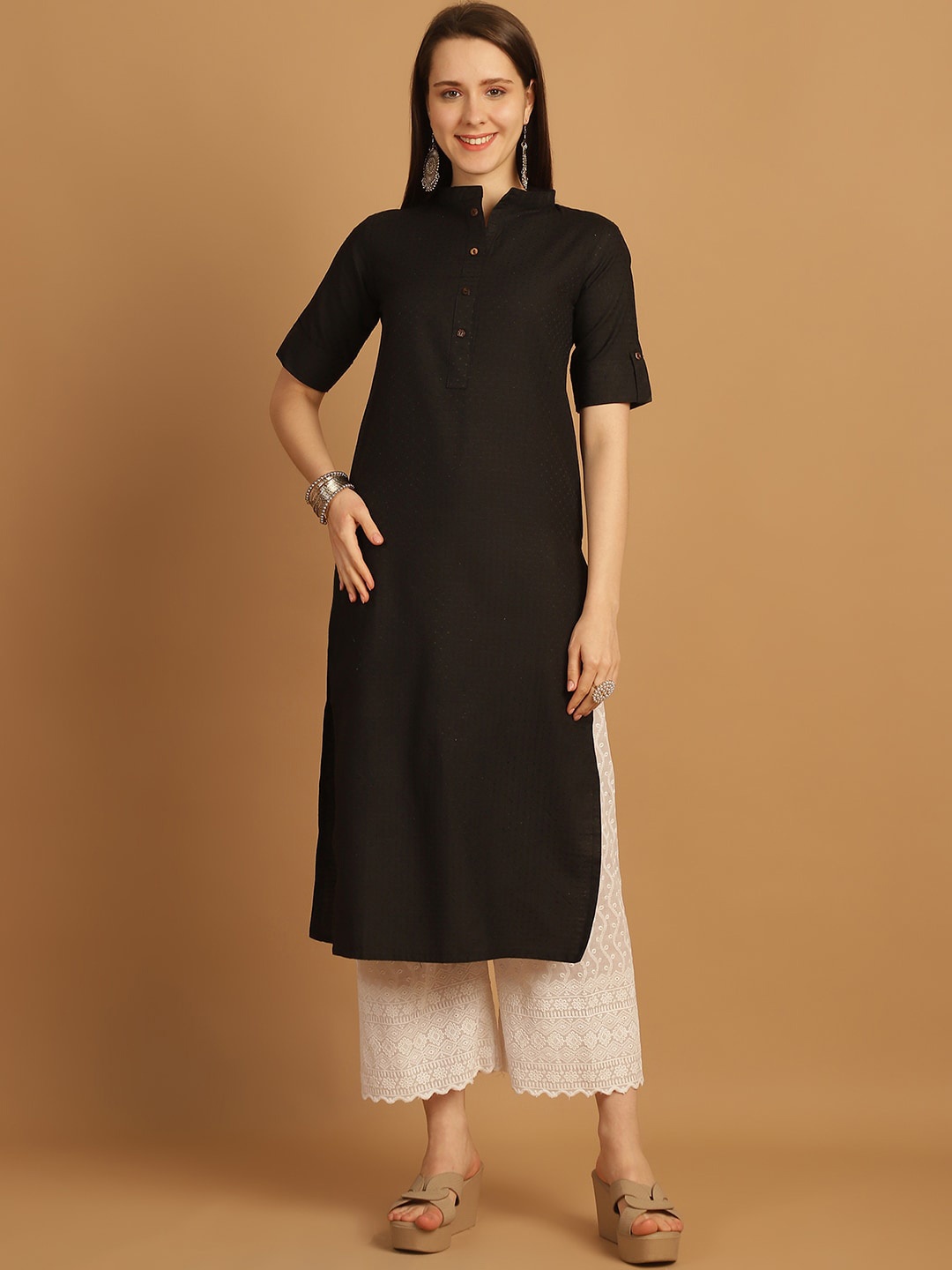 

Sayesha Woven Design Mandarin Collar Roll Up Sleeves Pure Cotton Straight Kurta, Black