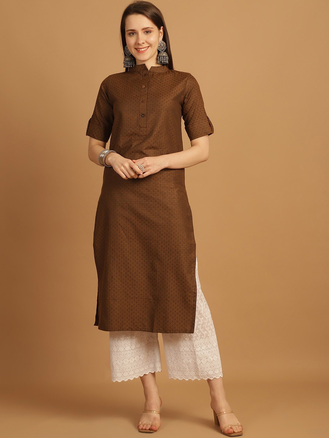 

Sayesha Dots Printed Mandarin Collar Cotton Straight Kurta, Brown
