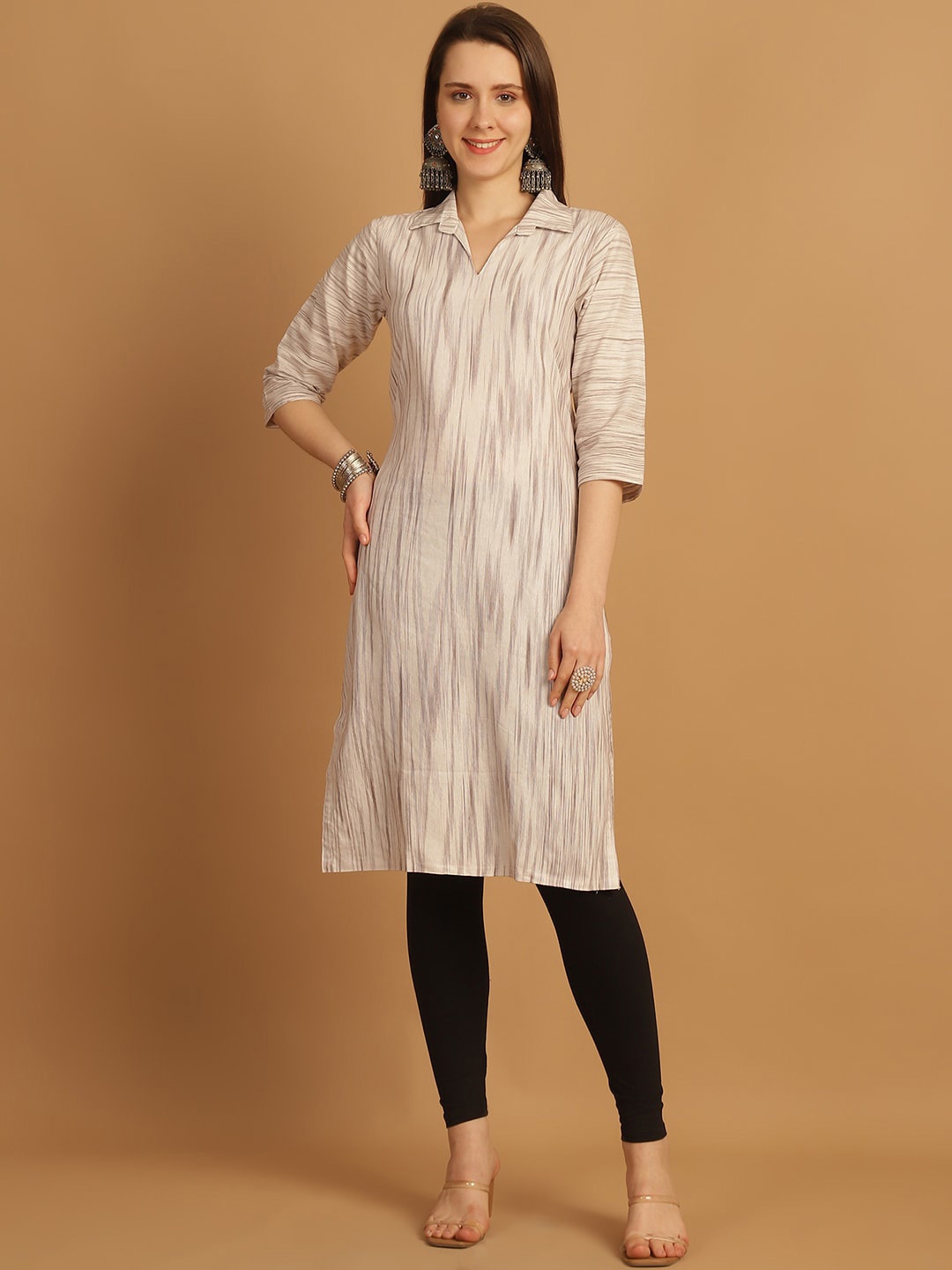 

Sayesha Striped Shirt Collar Pure Cotton Straight Kurta, Beige