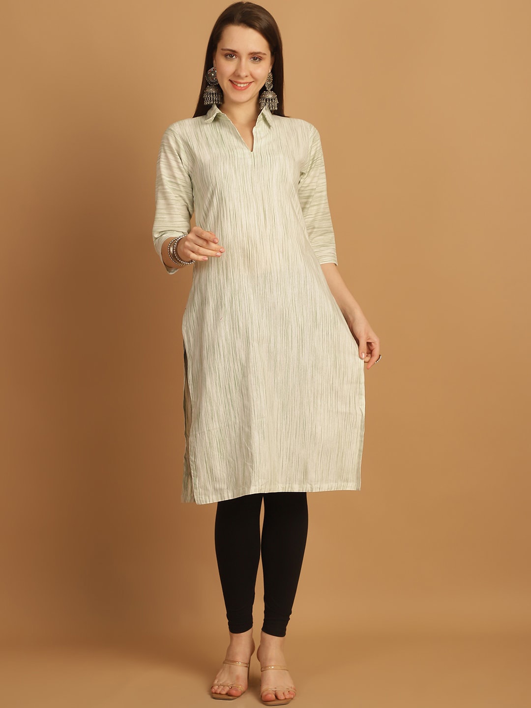

Sayesha Striped Shirt Collar Pure Cotton Straight Kurta, Green