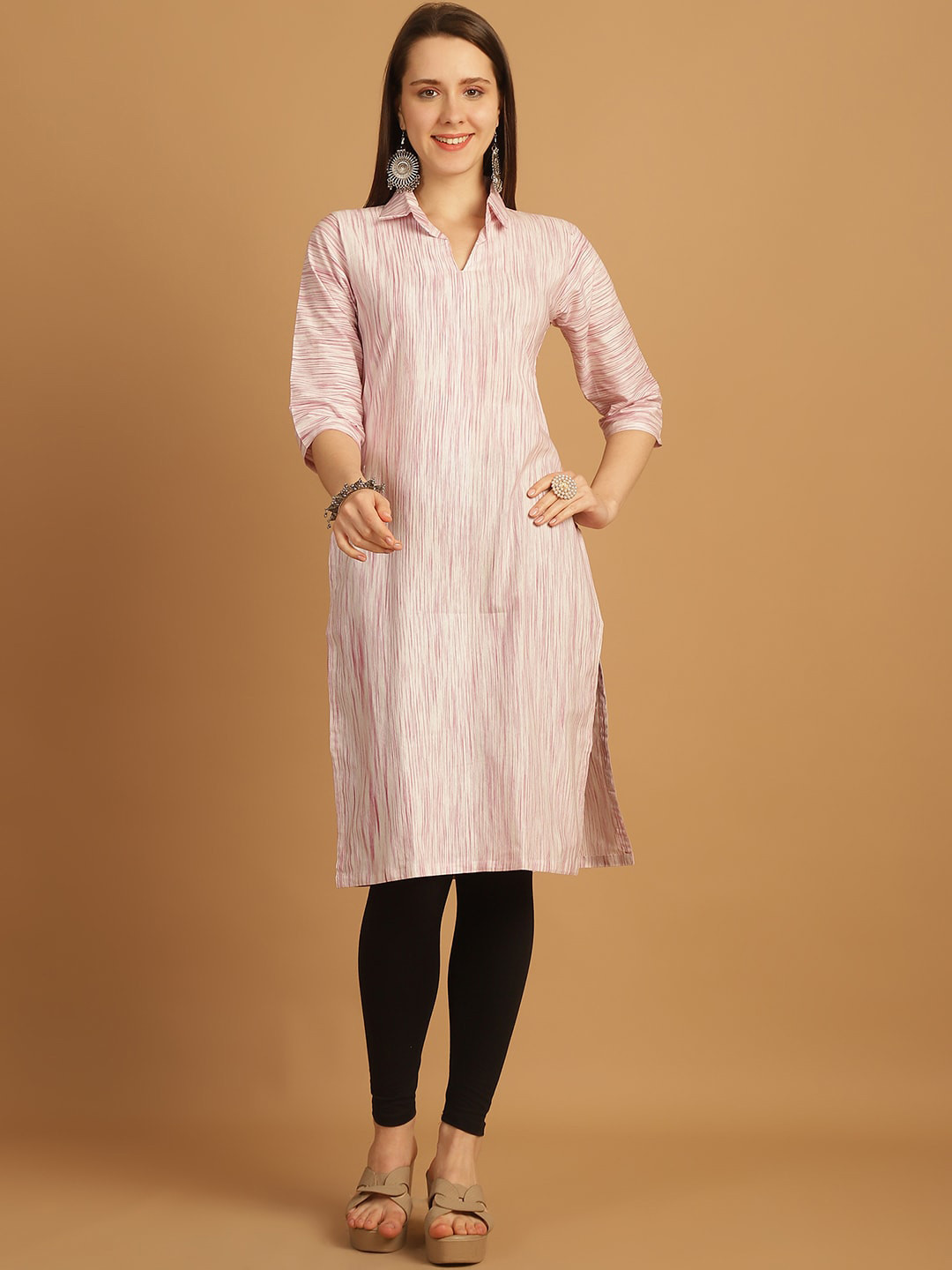

Sayesha Striped Shirt Collar Cotton Straight Kurta, Pink