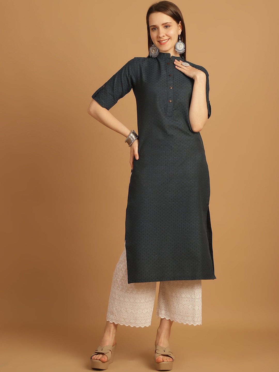 

Sayesha Geometric Woven Design Thread Work Cotton Straight Kurta, Blue