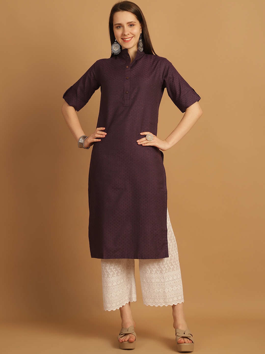 

Sayesha Woven Design Mandarin Collar Roll Up Sleeves Pure Cotton Straight Kurta, Purple