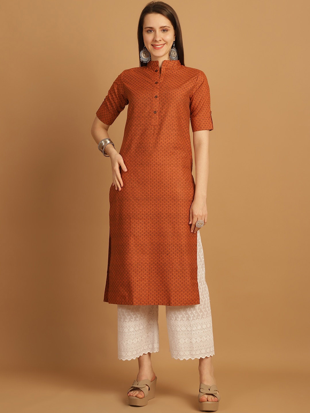 

Sayesha Geometric Woven Design Thread Work Cotton Straight Kurta, Orange