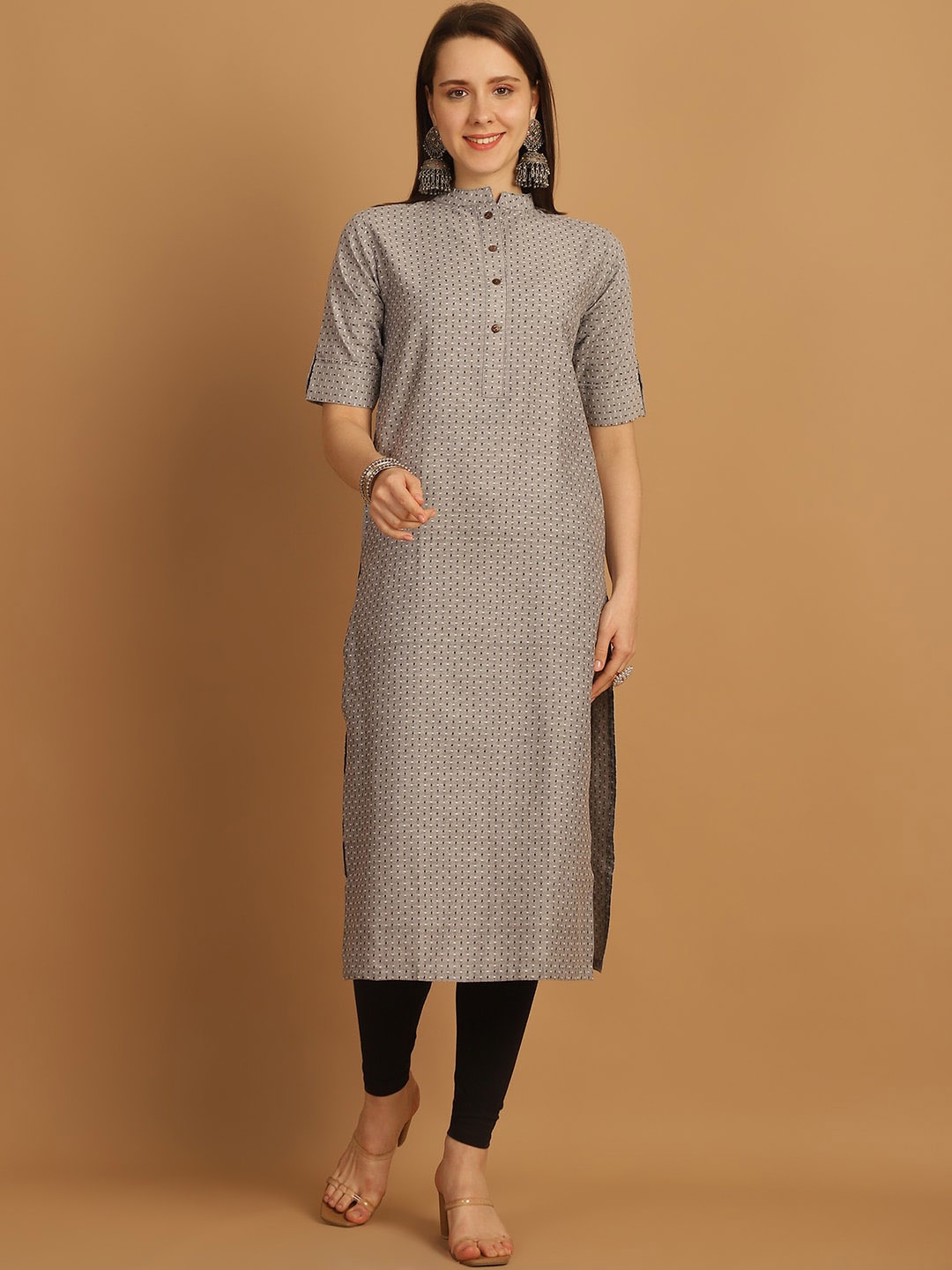 

Sayesha Geometric Woven Design Thread Work Cotton Straight Kurta, Grey