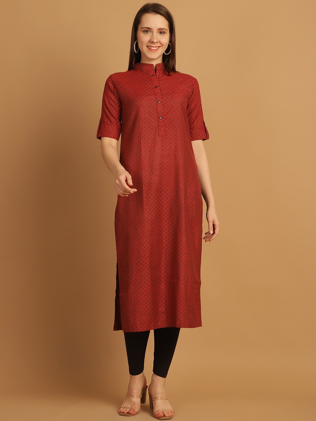 

Sayesha Woven Design Mandarin Collar Roll Up Sleeves Pure Cotton Straight Kurta, Red