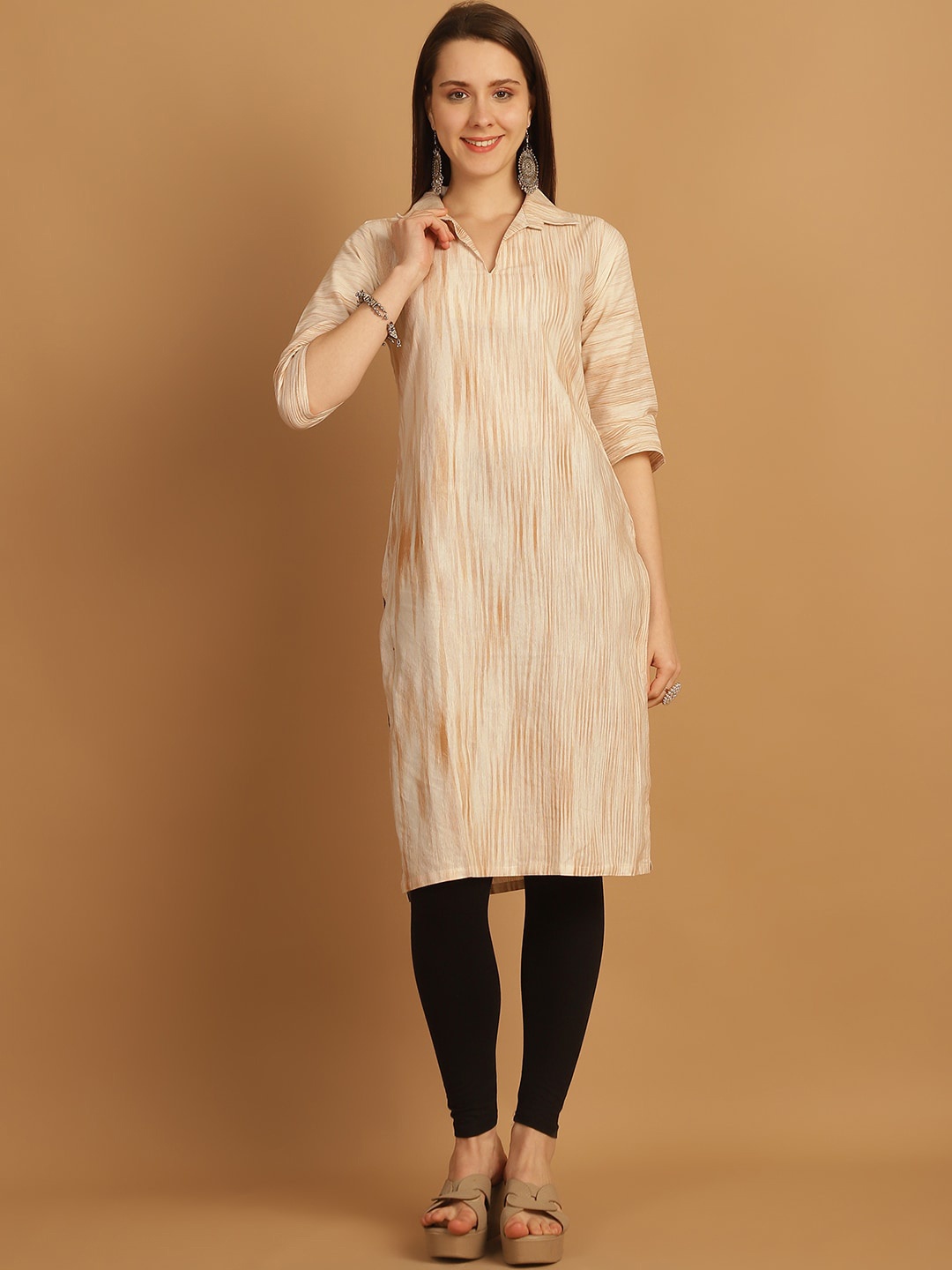 

Sayesha Striped Thread Work Shirt Collar Cotton Straight Kurta, Brown