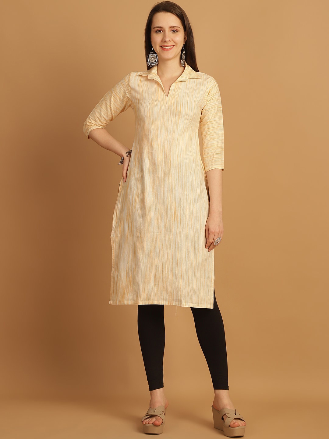 

Sayesha Woven Design Shirt Collar Pure Cotton Straight Kurta, Yellow