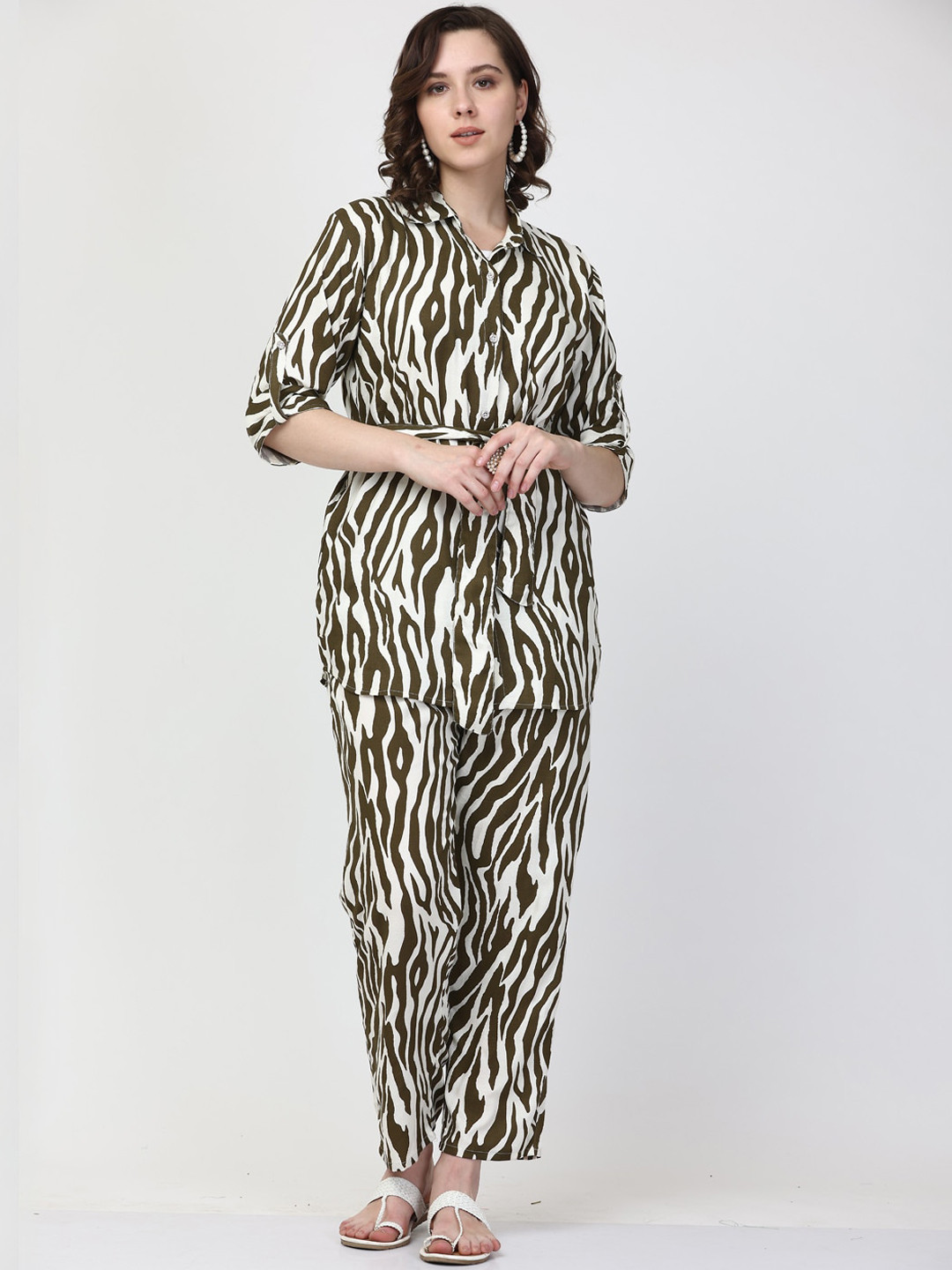 

Clora Creation Animal Printed Shirt With Trouser Co-Ords, Olive