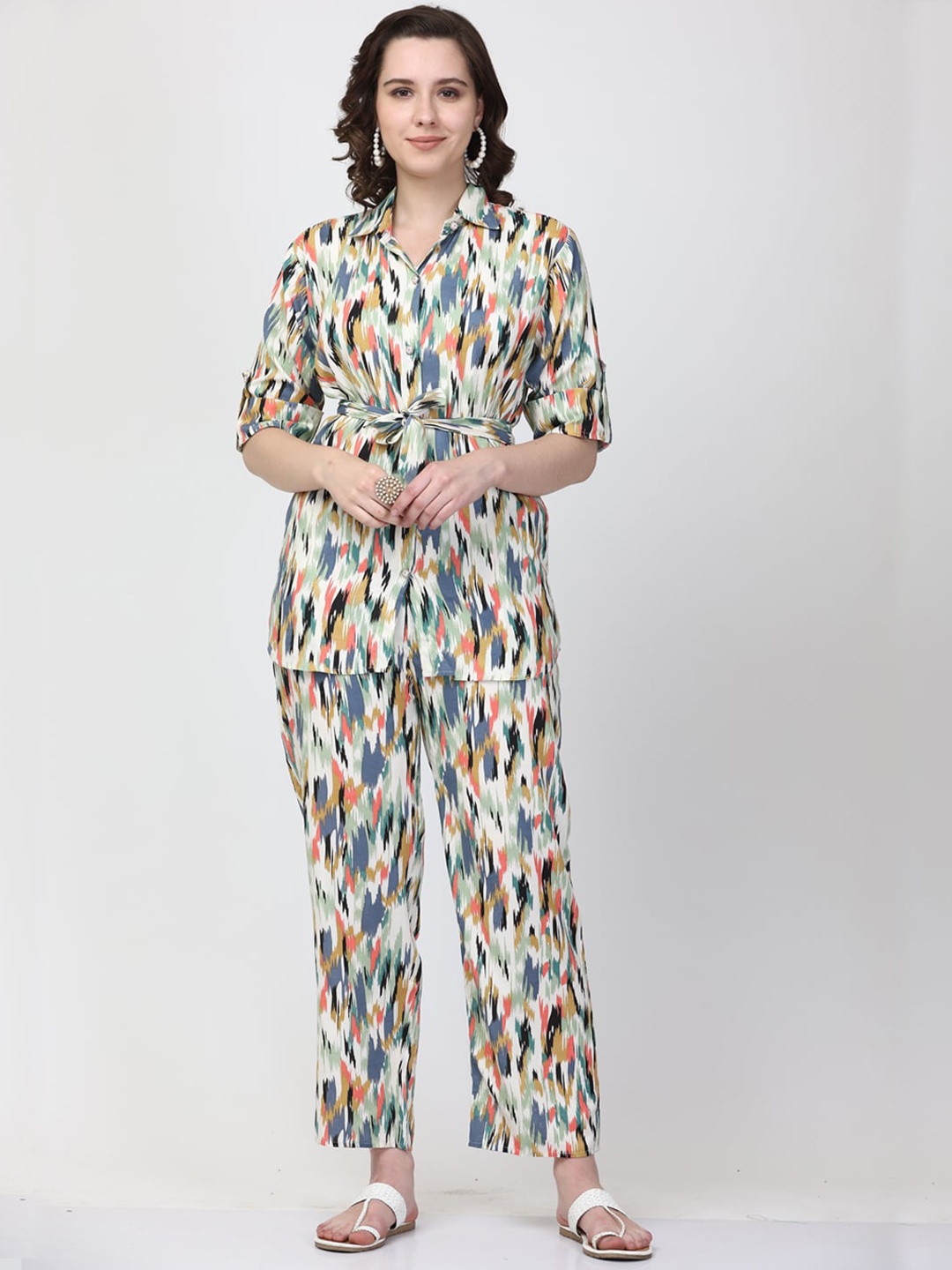 

Clora Creation Abstract Printed Shirt With Trouser Co-Ords, White