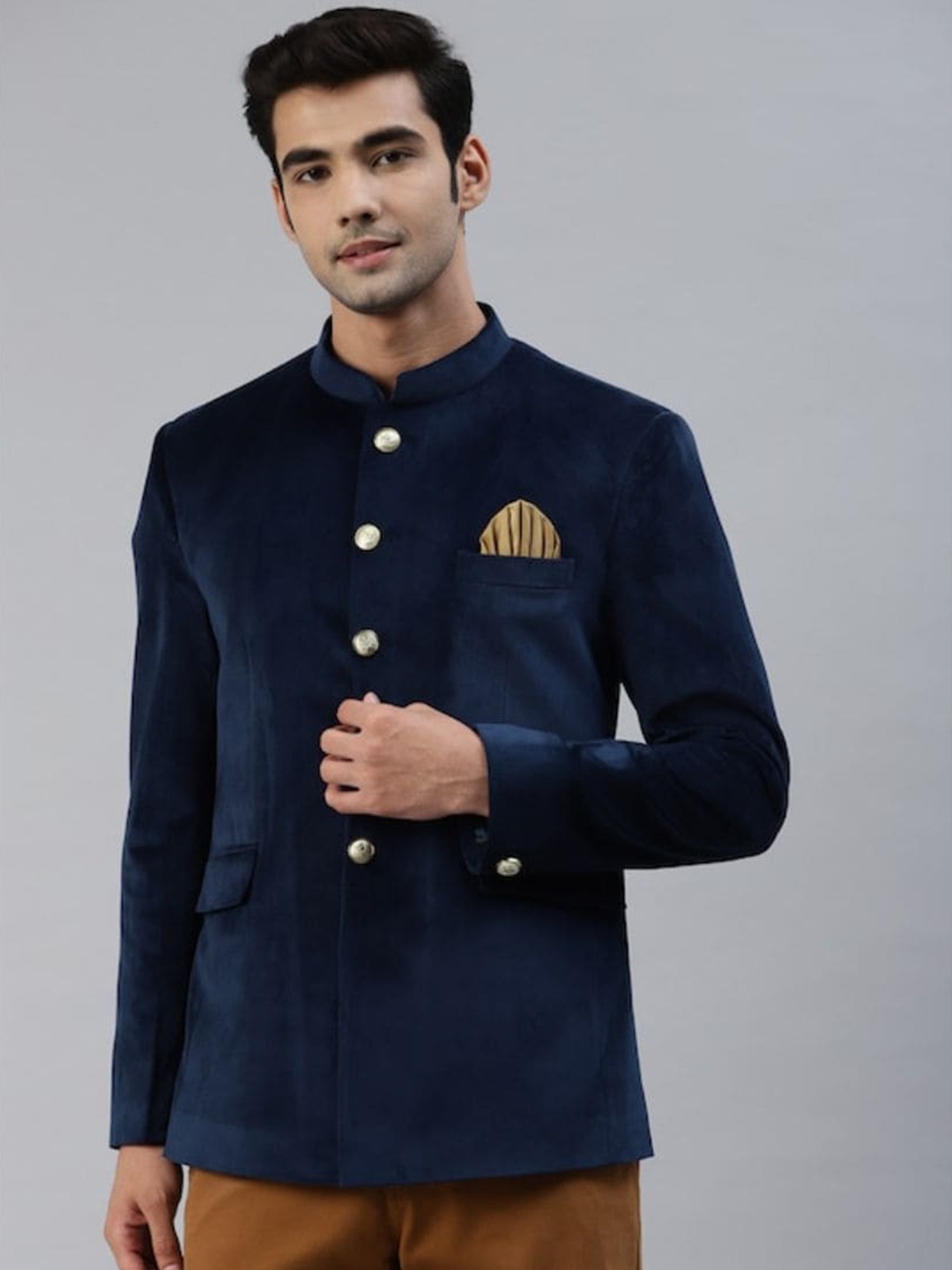 

Luxrio Men Slim Fit Single Breasted Bandhgala Blazer, Navy blue
