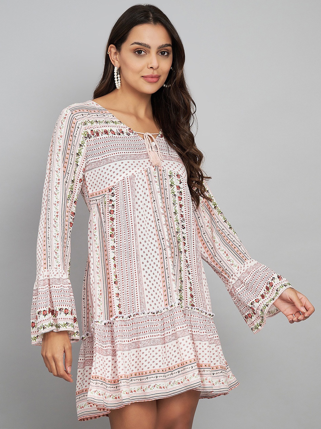 

VELDRESS Print Tie-Up Neck Bell Sleeve A-Line Dress, Pink