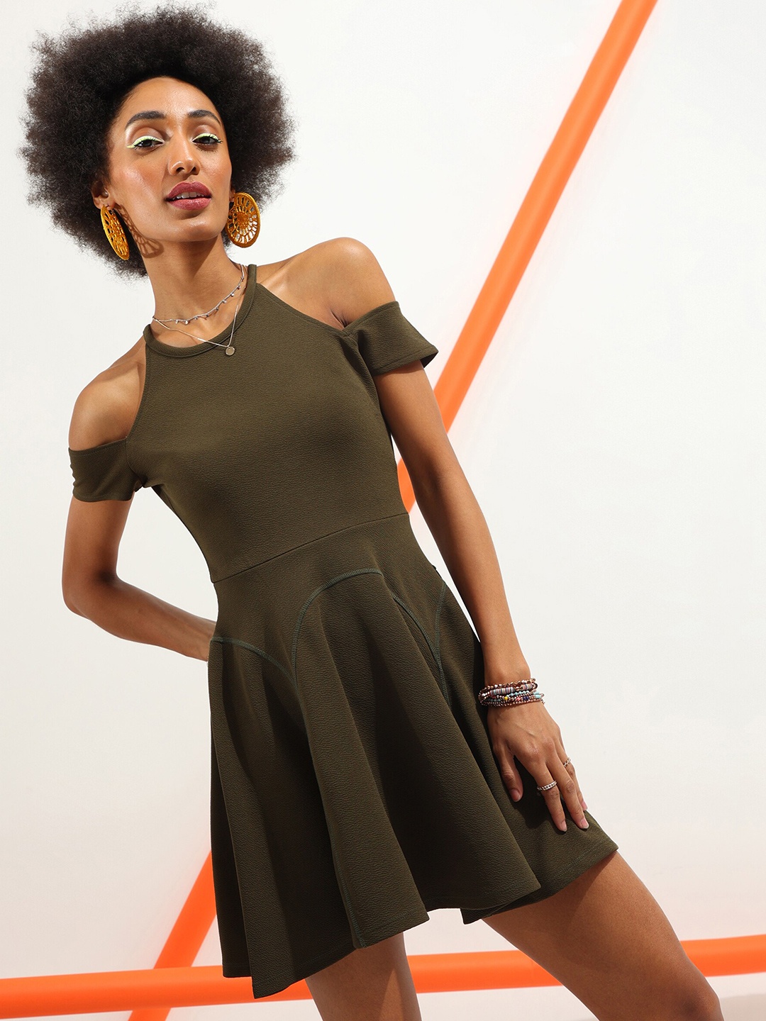 

Veni Vidi Vici Women Cold-Shoulder Fit & Flare Dress, Olive