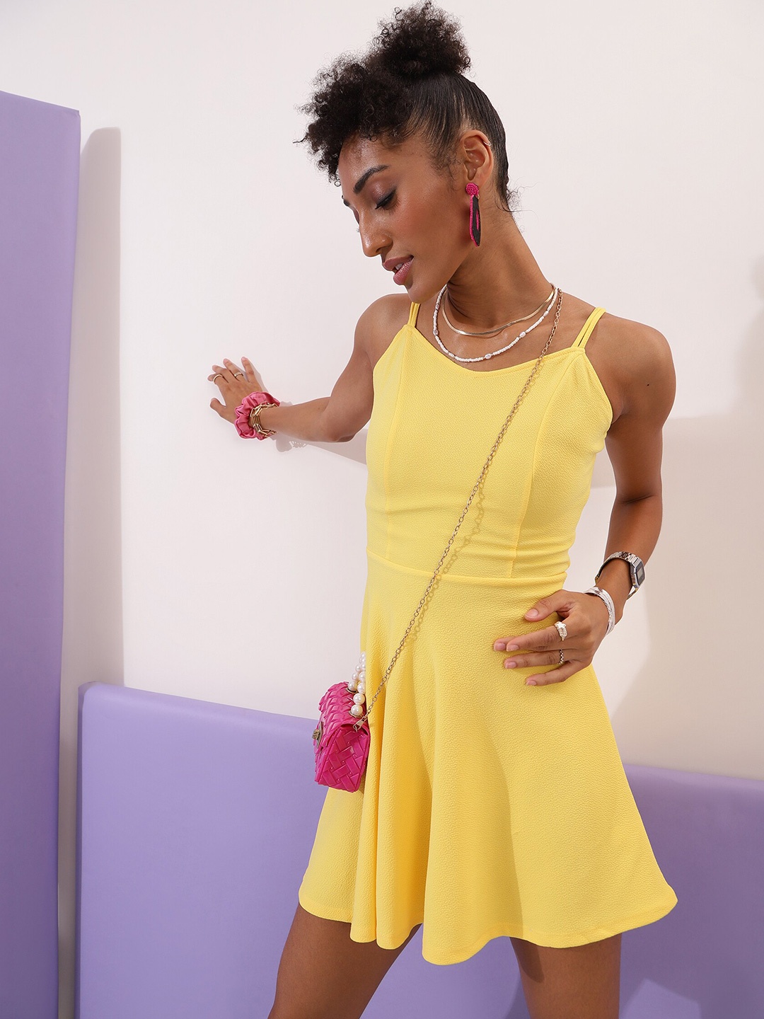 

Veni Vidi Vici Women Shoulder Straps Fit & Flare Mini Dress, Yellow